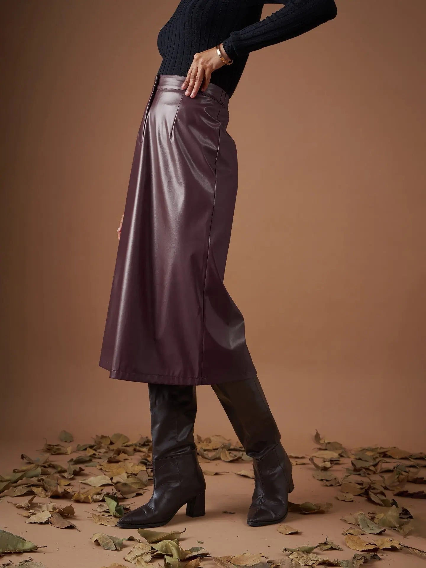 Maroon PU A-Line Skirt | Women's Skirts Below Knee Fashion