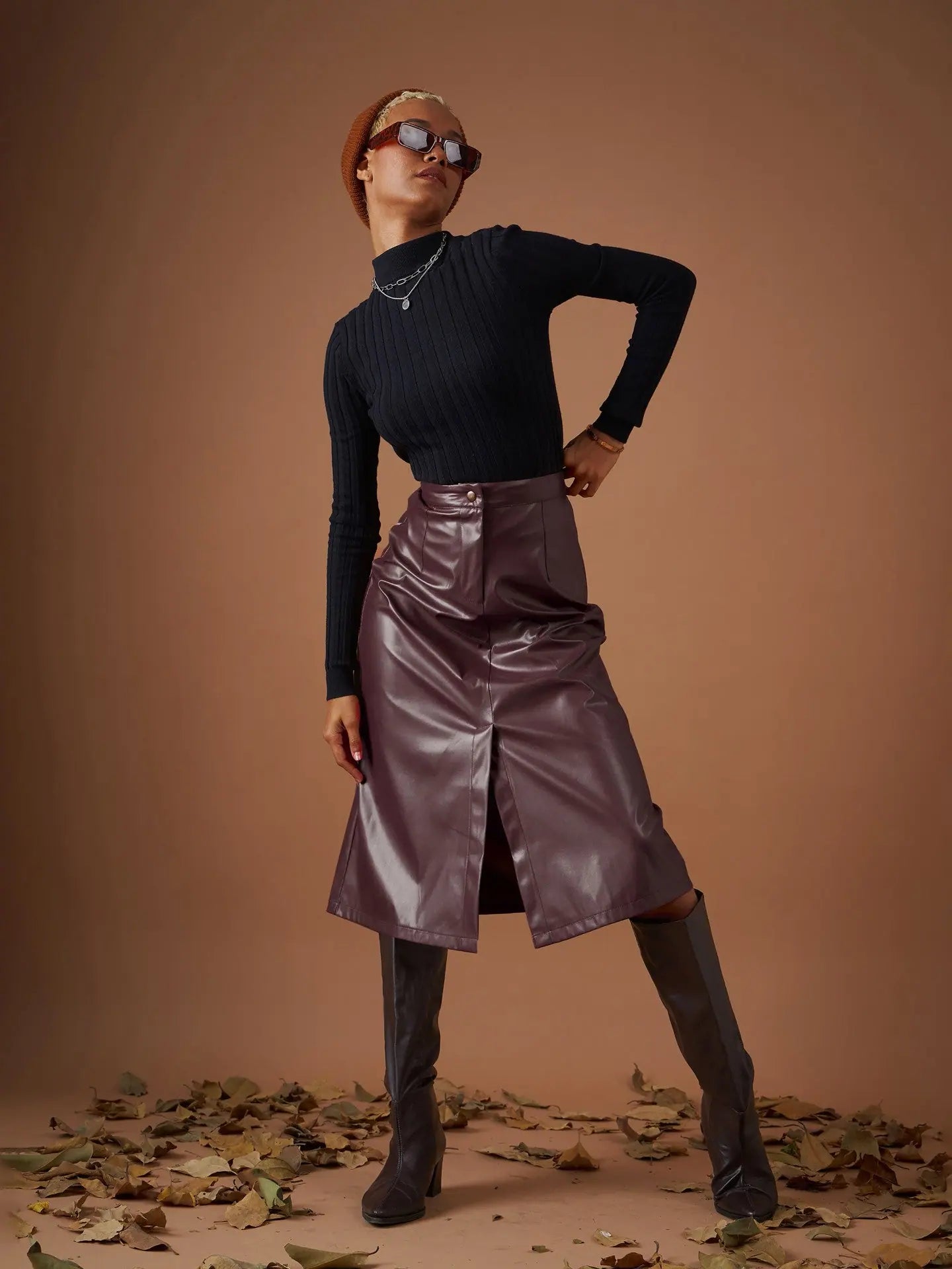 Maroon PU A-Line Skirt | Women's Skirts Below Knee Fashion
