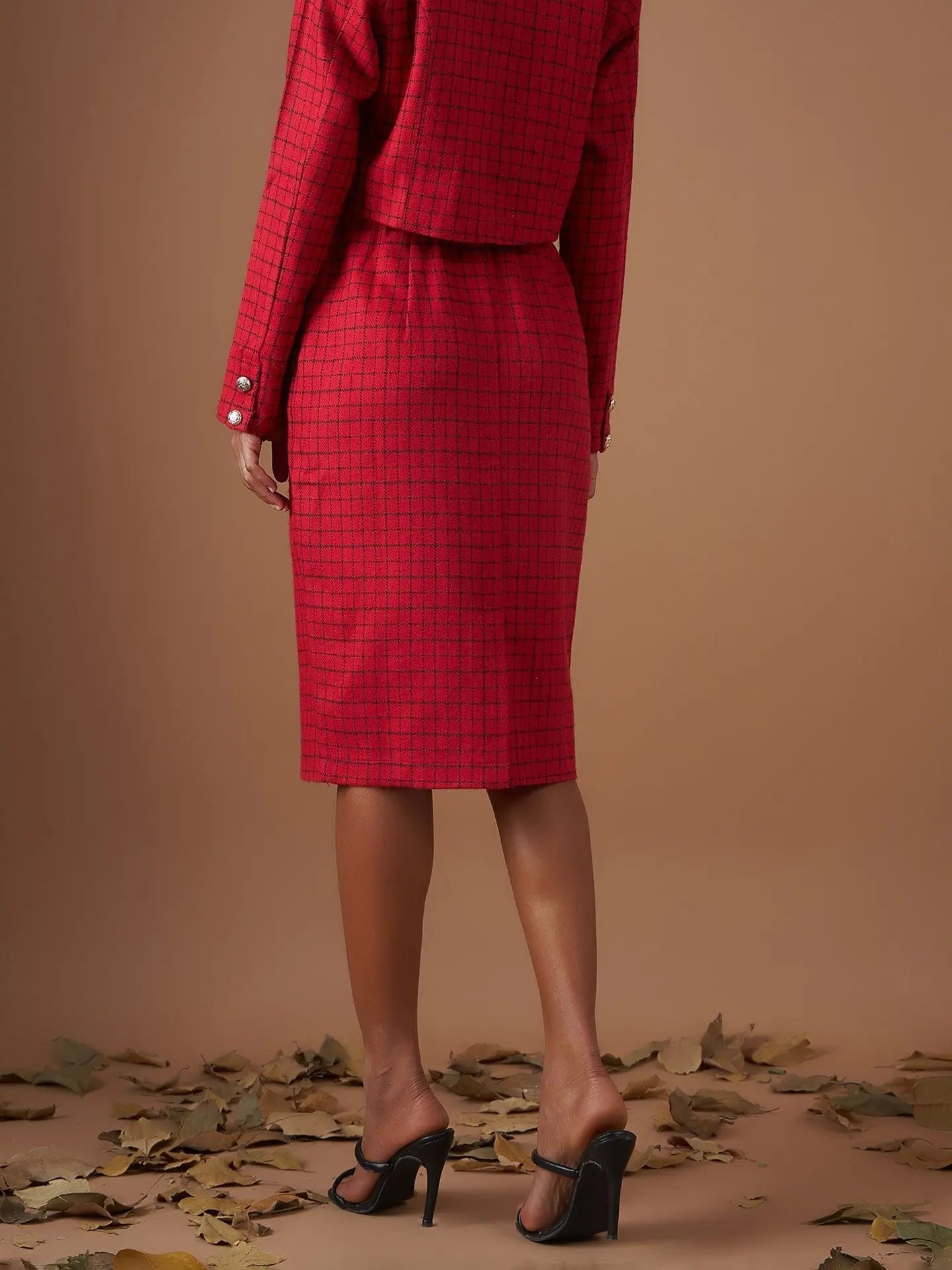 Red Check Tweed Pencil Skirt - Women's Western Clothing