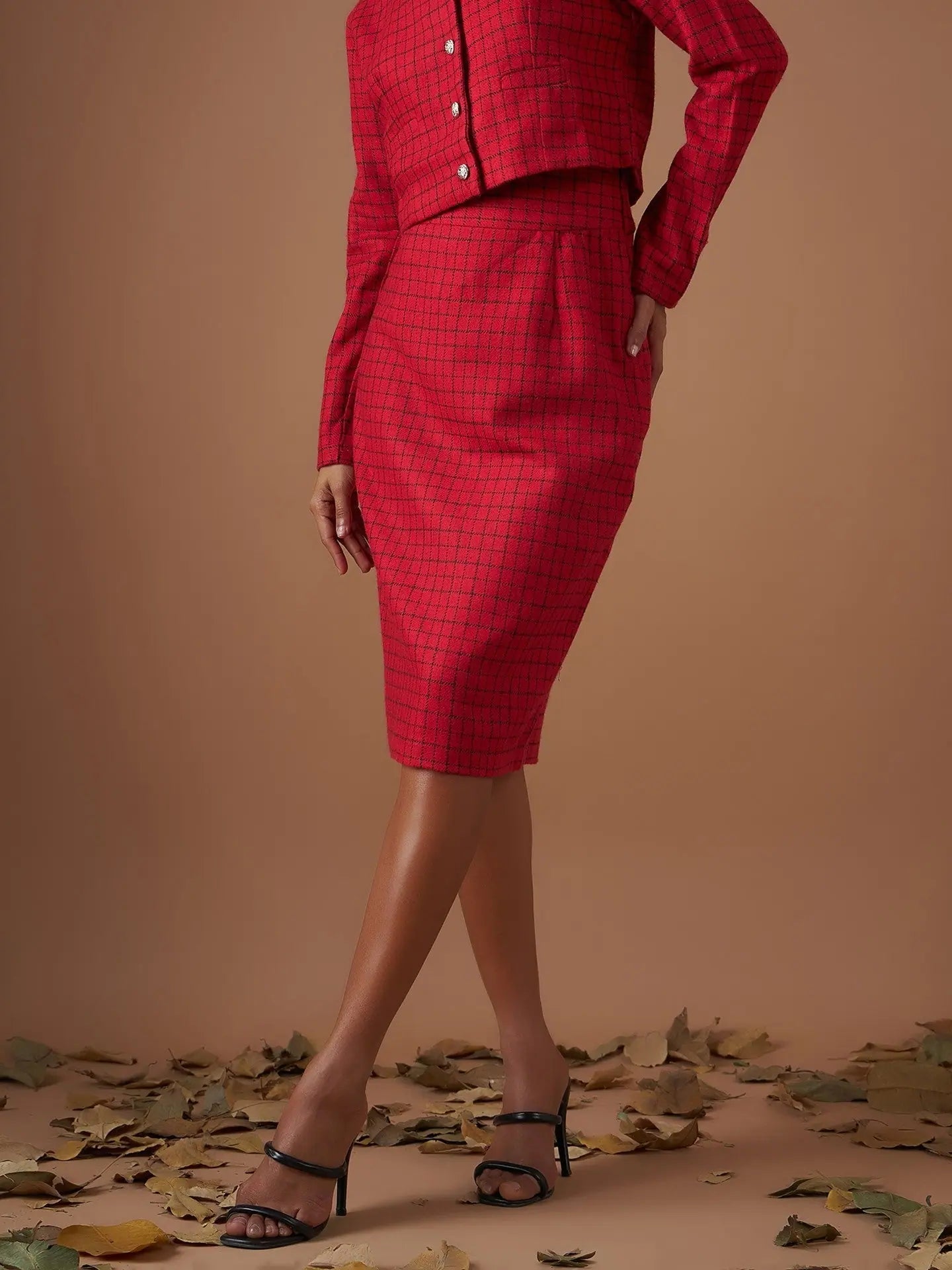 Red Check Tweed Pencil Skirt - Women's Western Clothing