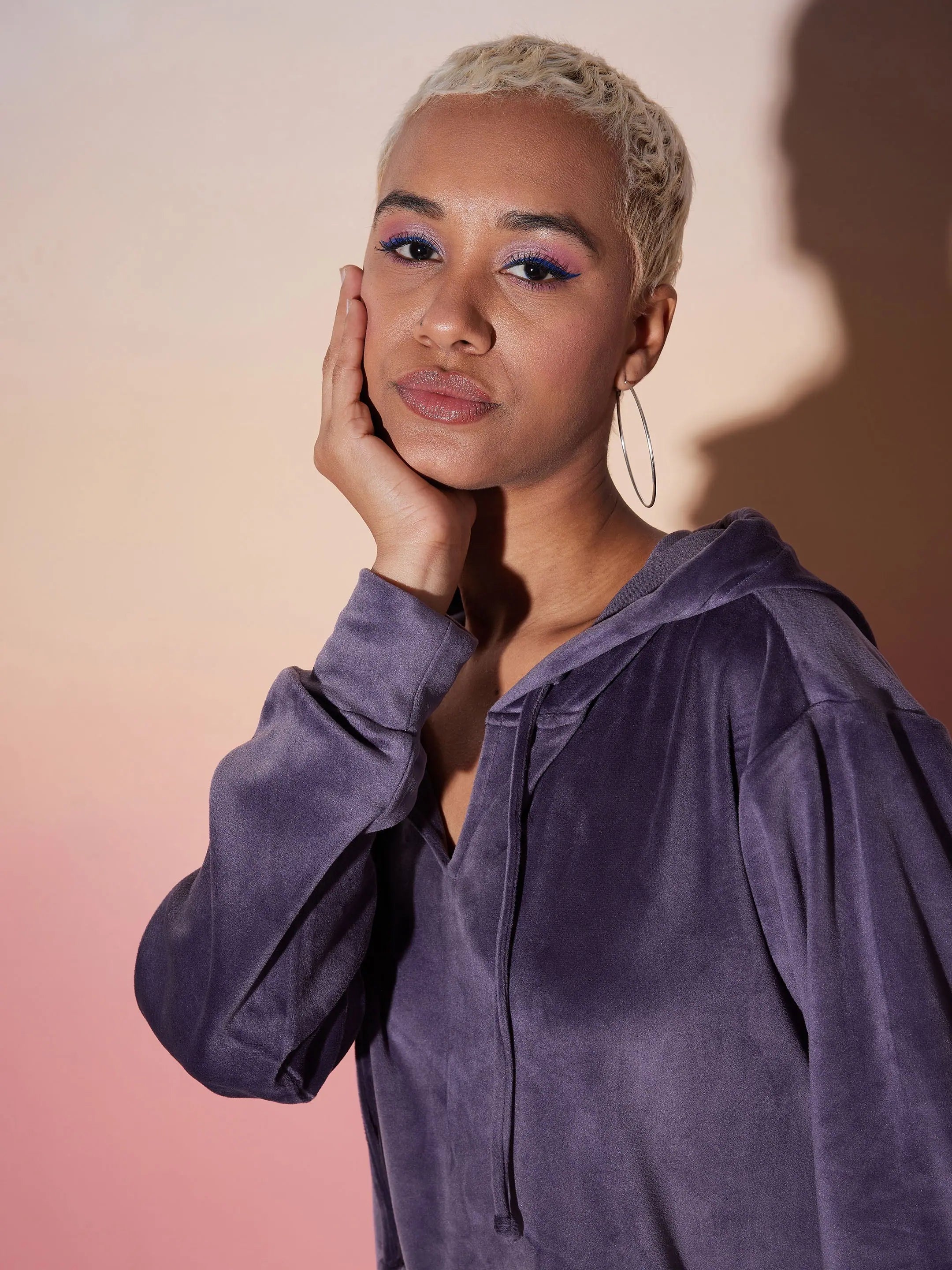 Women's Purple Velour Solid Hoodie - Western Outfits
