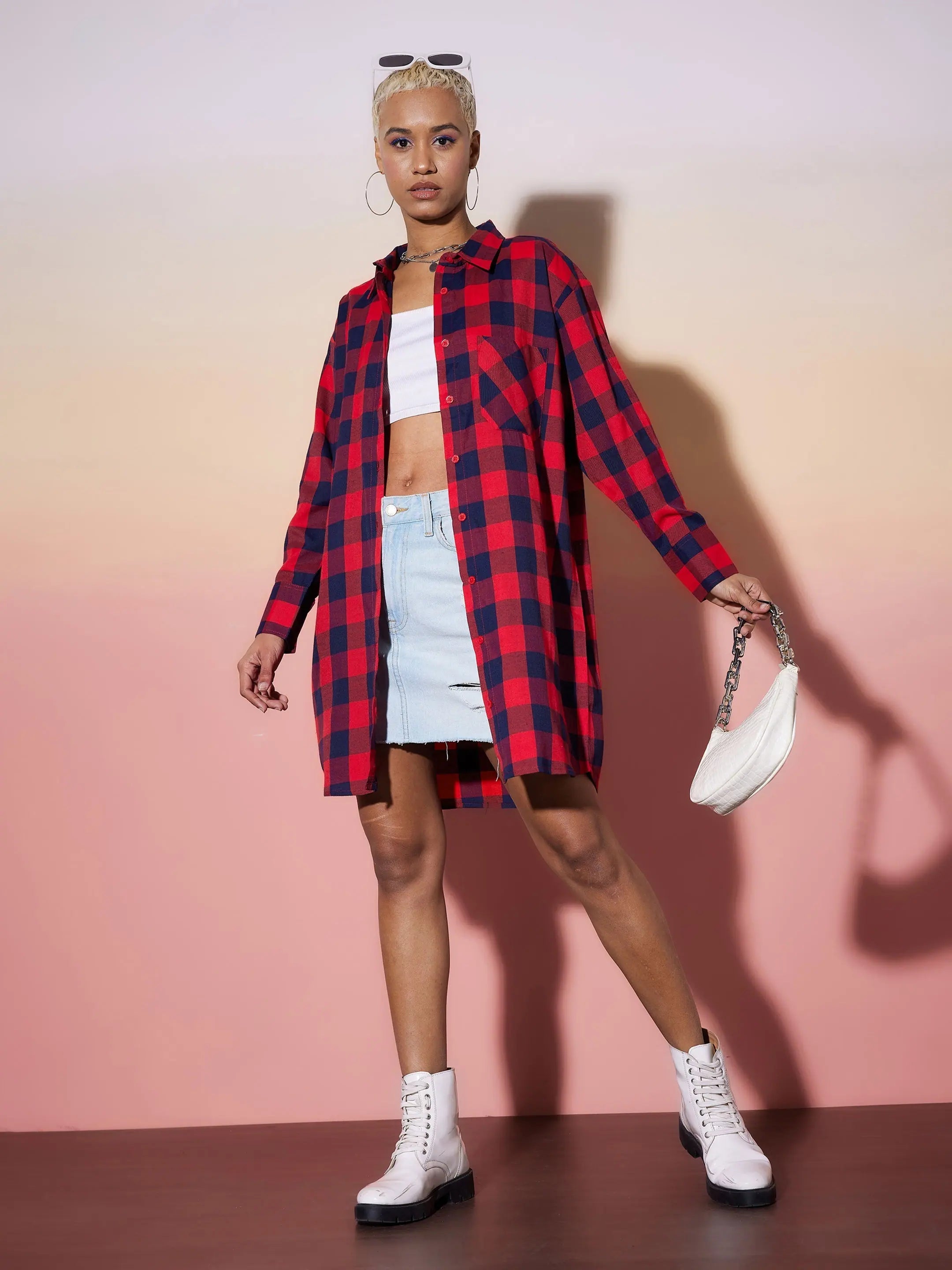 Red Check Lounge Shirt: Women's Comfortable Cotton Top