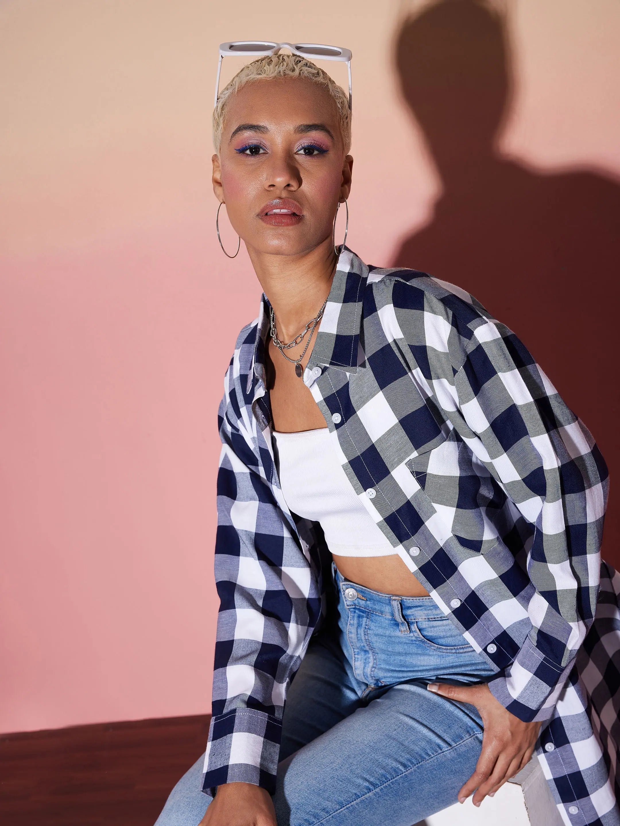 White Check Lounge Shirt: Women's Casual Cotton Top