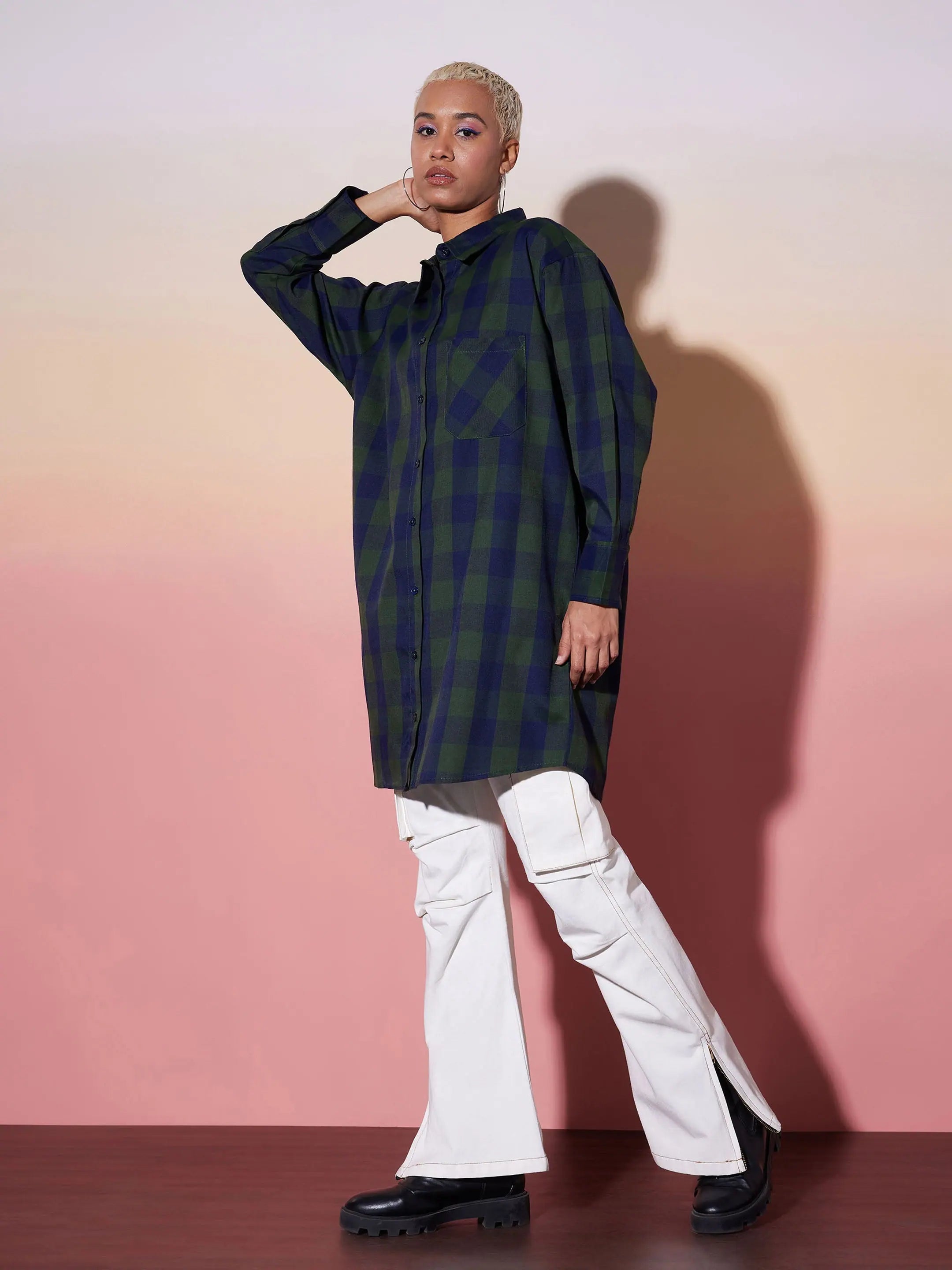 Green Check Lounge Shirt: Women's Cotton Comfort Fit Top