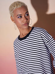 Women Black & White Stripe Top With Lounge Pants