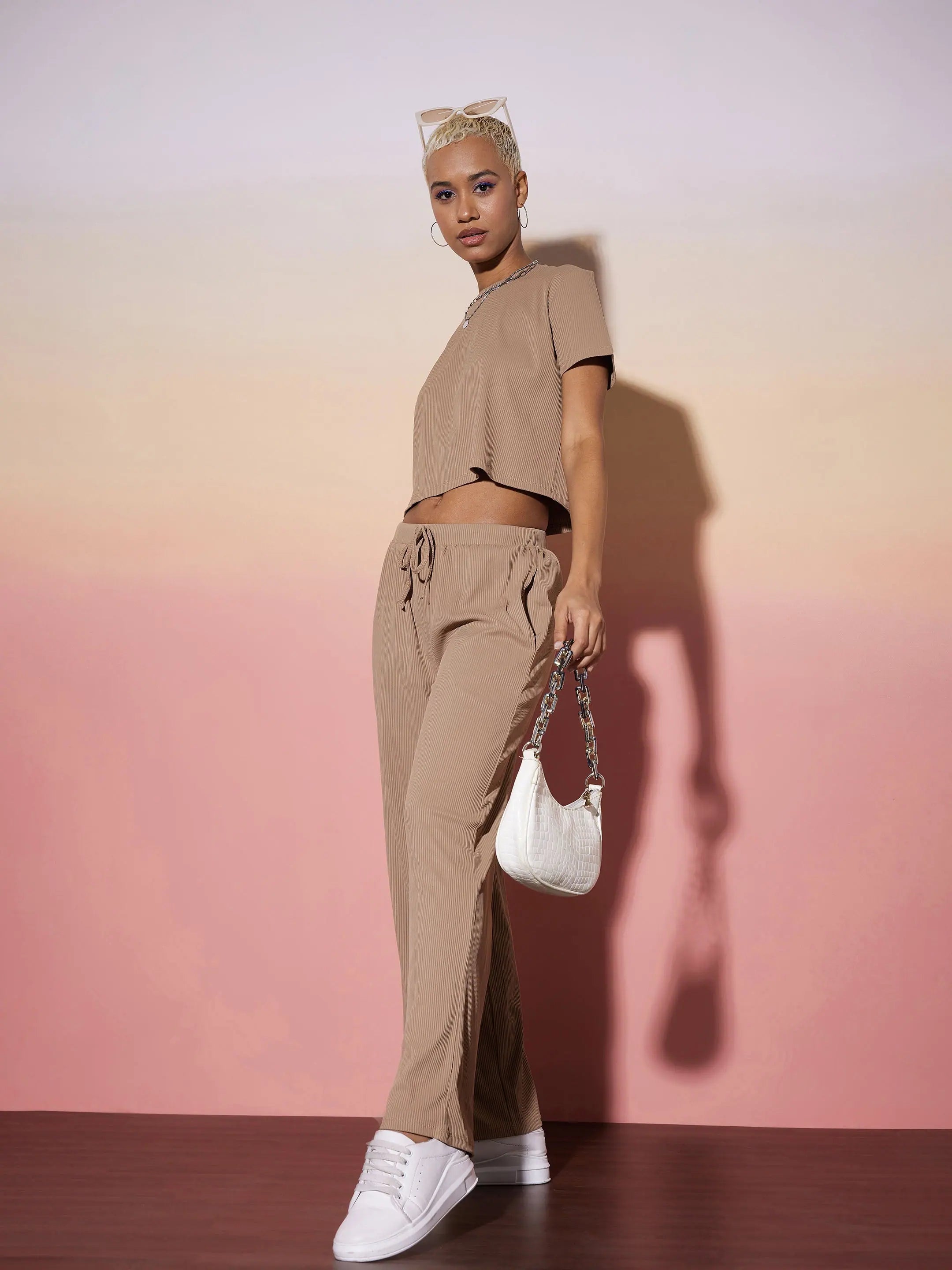 Beige Ribbed Crop Top & Pants Set - Women's Western Clothing