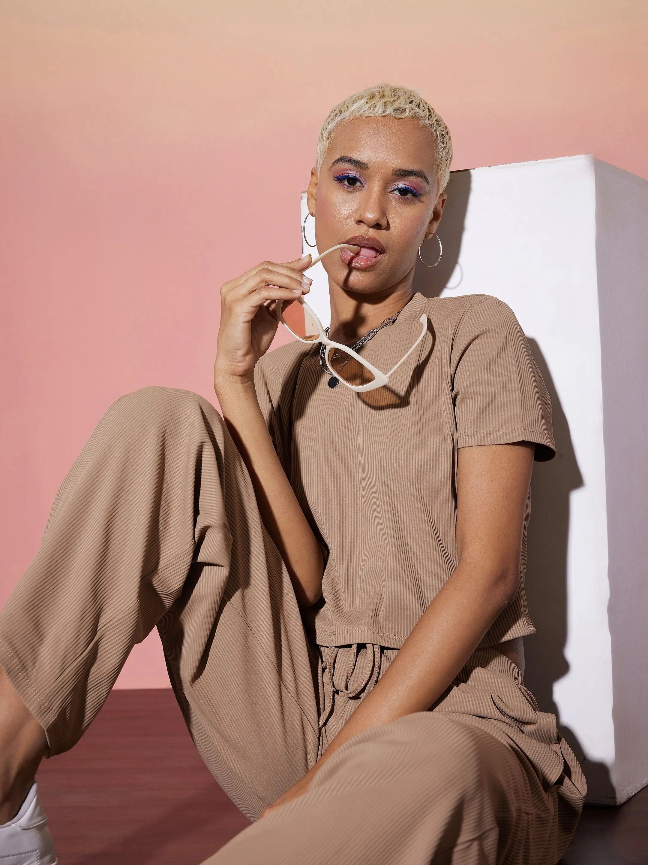 Beige Ribbed Crop Top & Pants Set - Women's Western Clothing