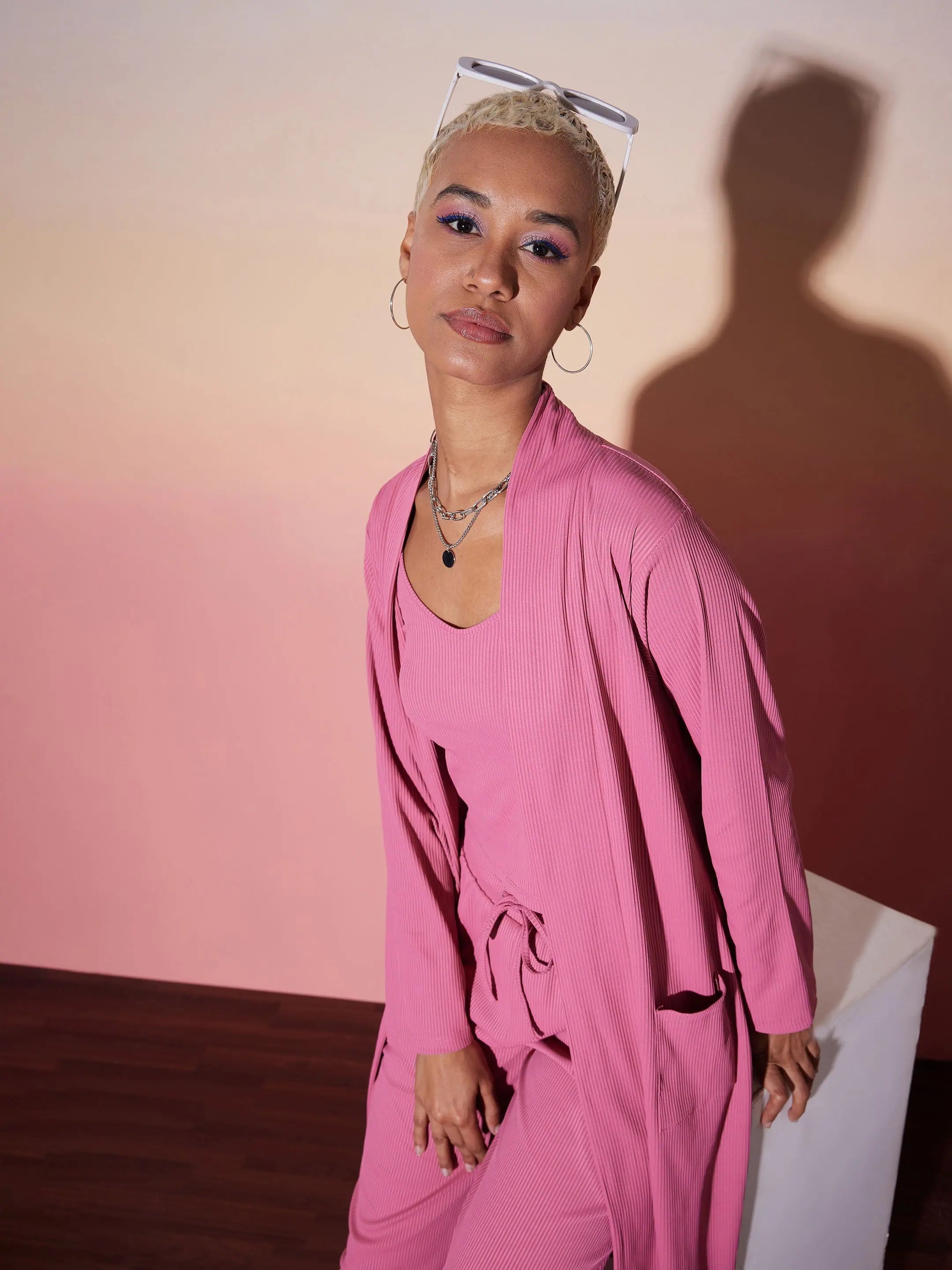 Pink Rib Knit Top, Pants & Shrug - Women's Western Outfit
