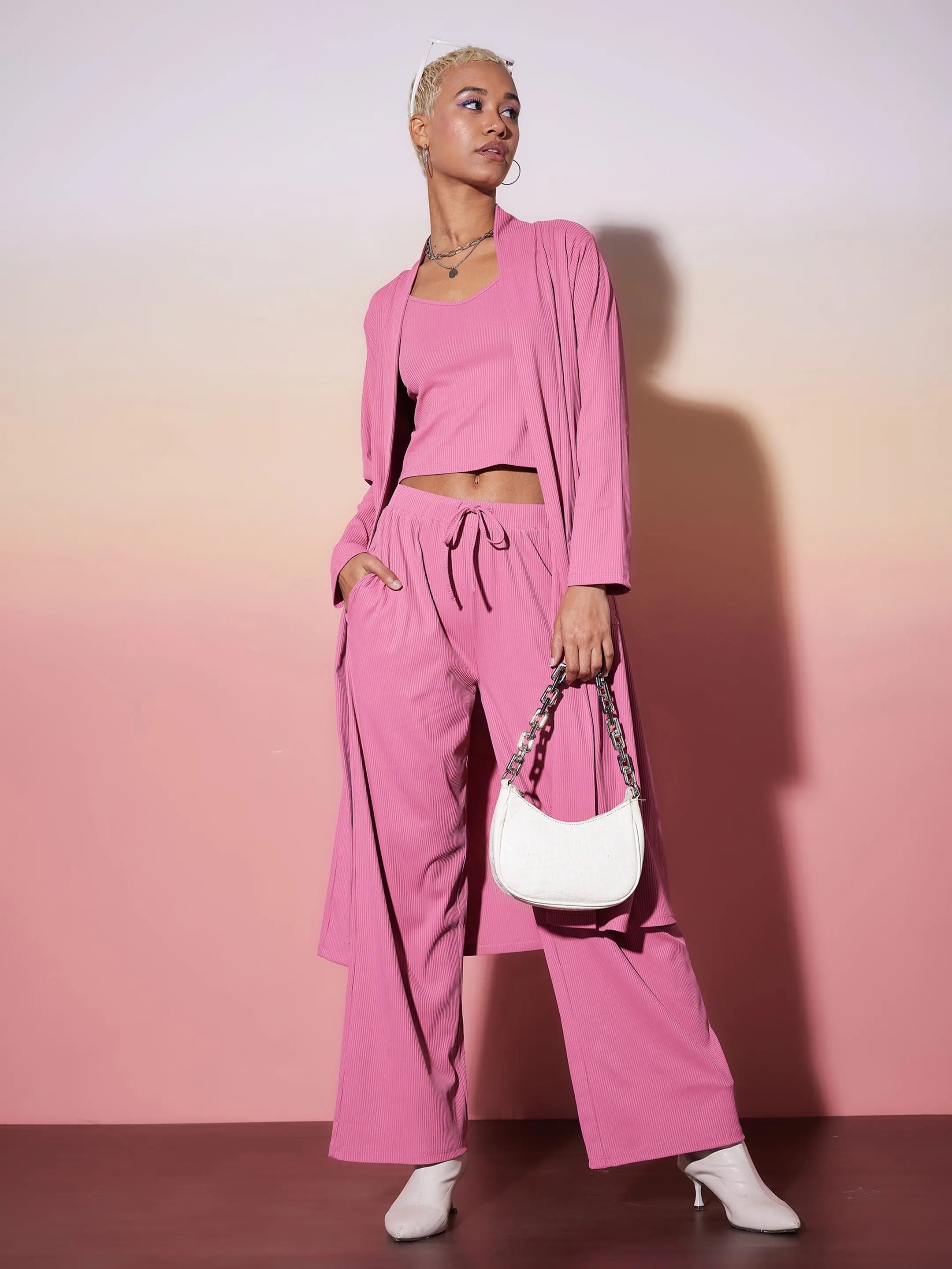 Pink Rib Knit Top, Pants & Shrug - Women's Western Outfit