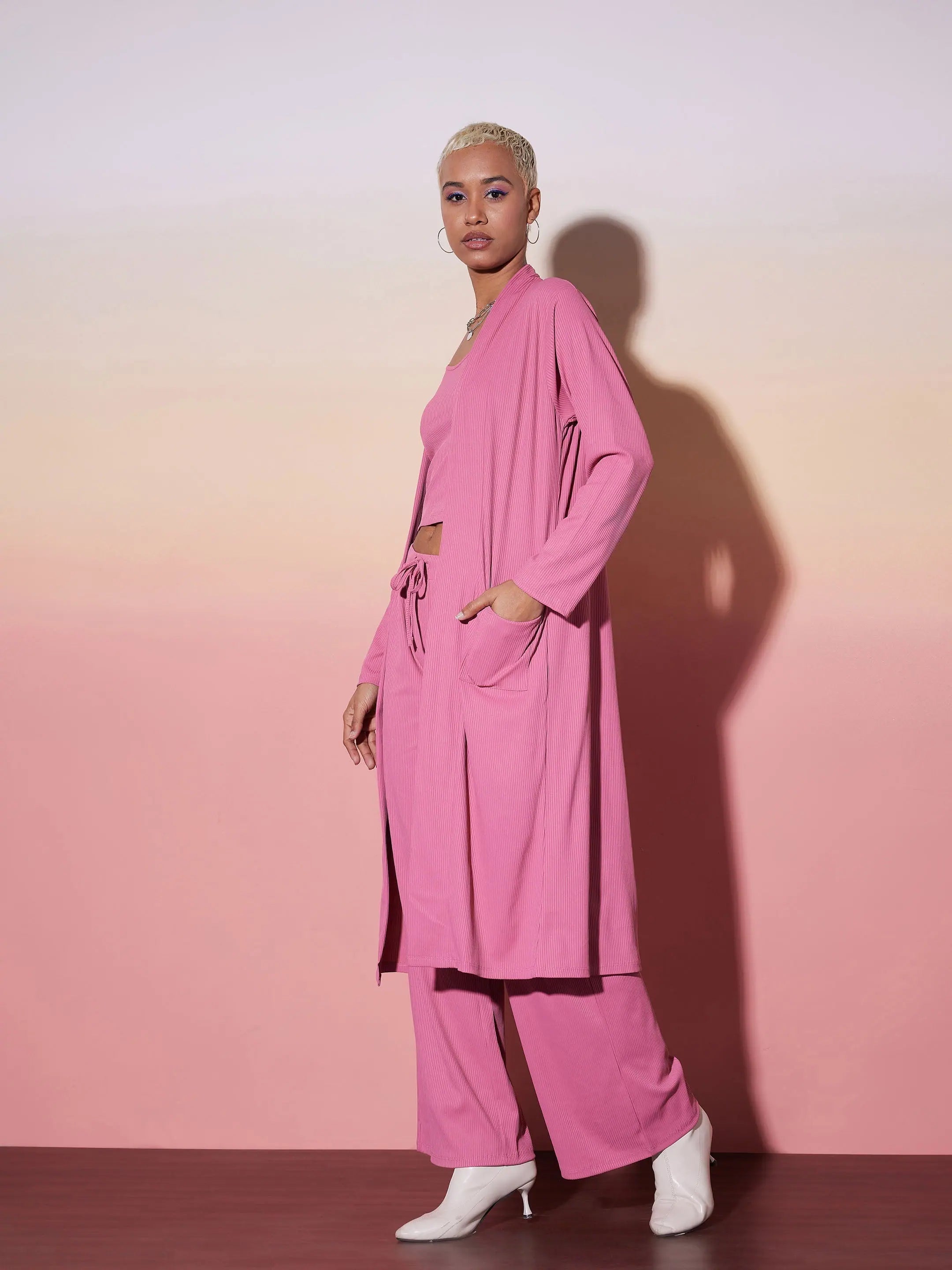 Pink Rib Knit Top, Pants & Shrug - Women's Western Outfit
