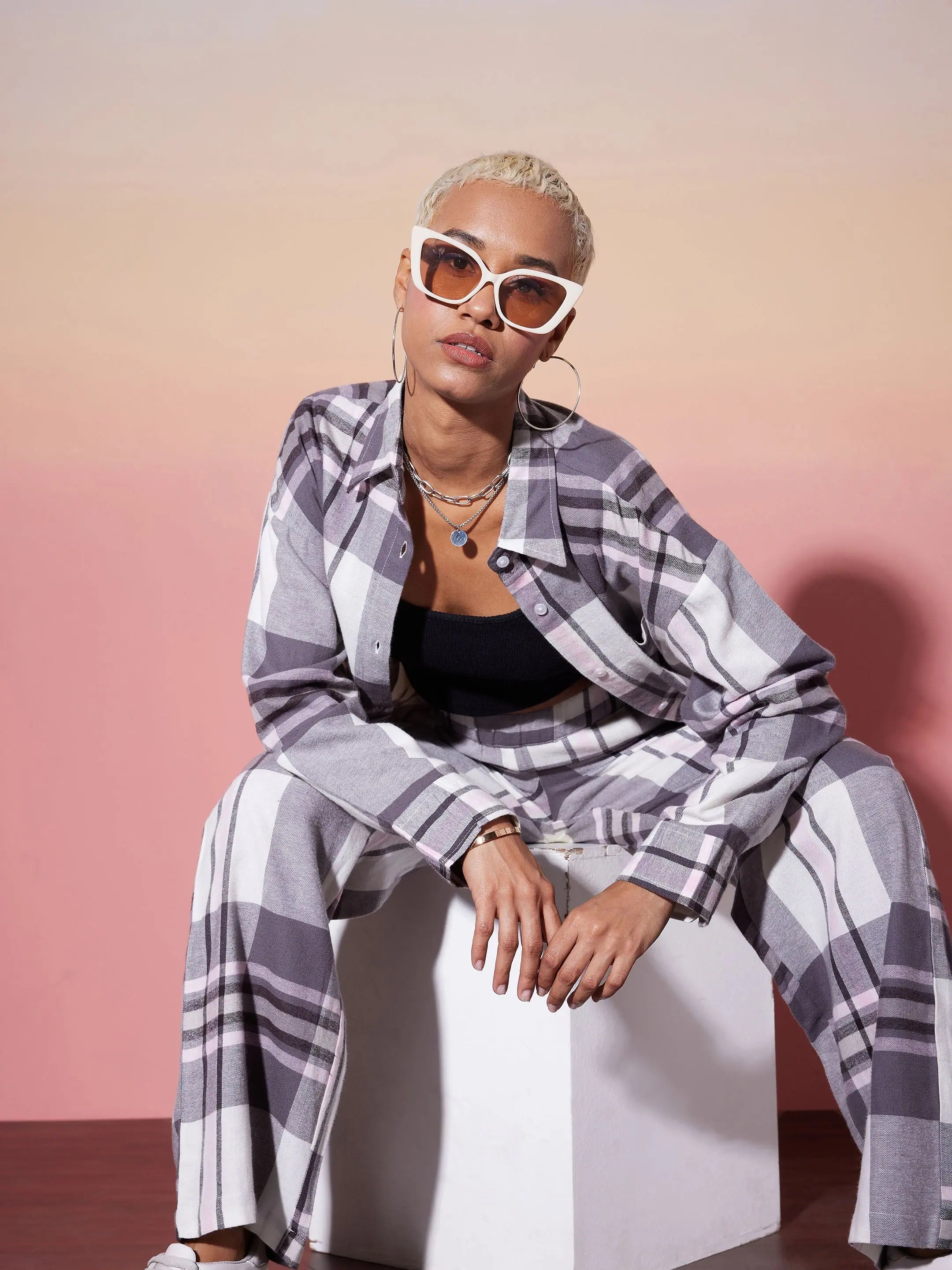 White & Grey Check Lounge Set - Women's Cotton Comfort