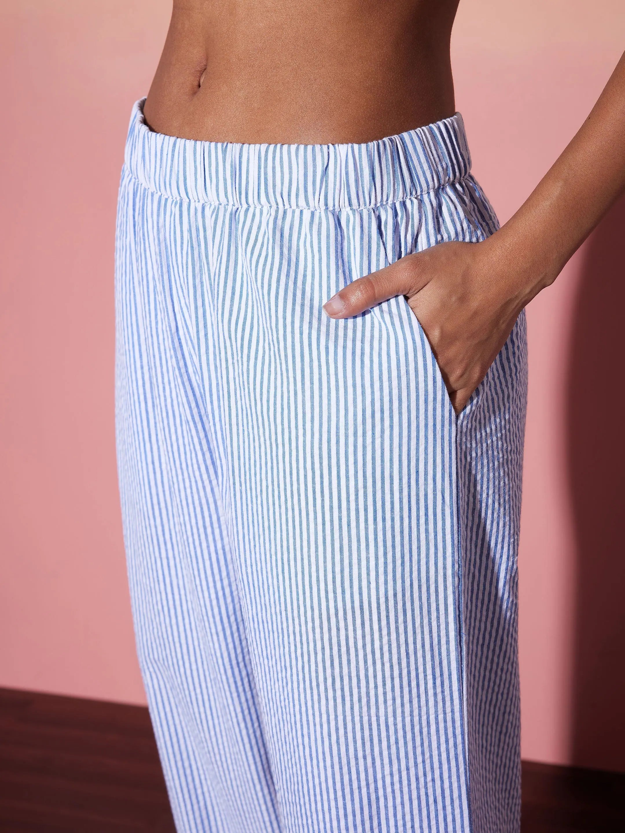 White & Navy Striped Lounge Set | Women's Seersucker Style