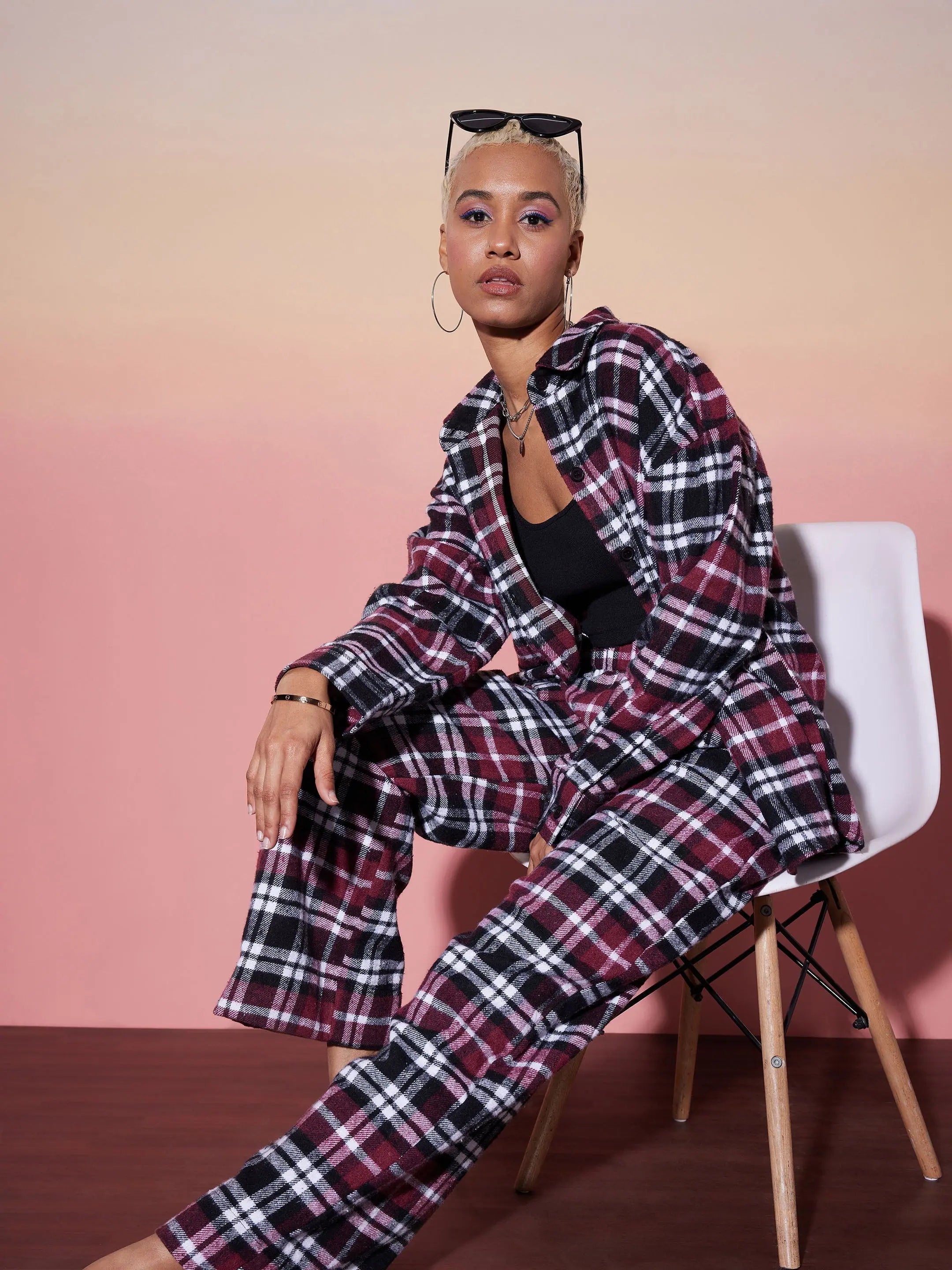 Maroon & White Checkered Lounge Set | Women's Cotton Comfort