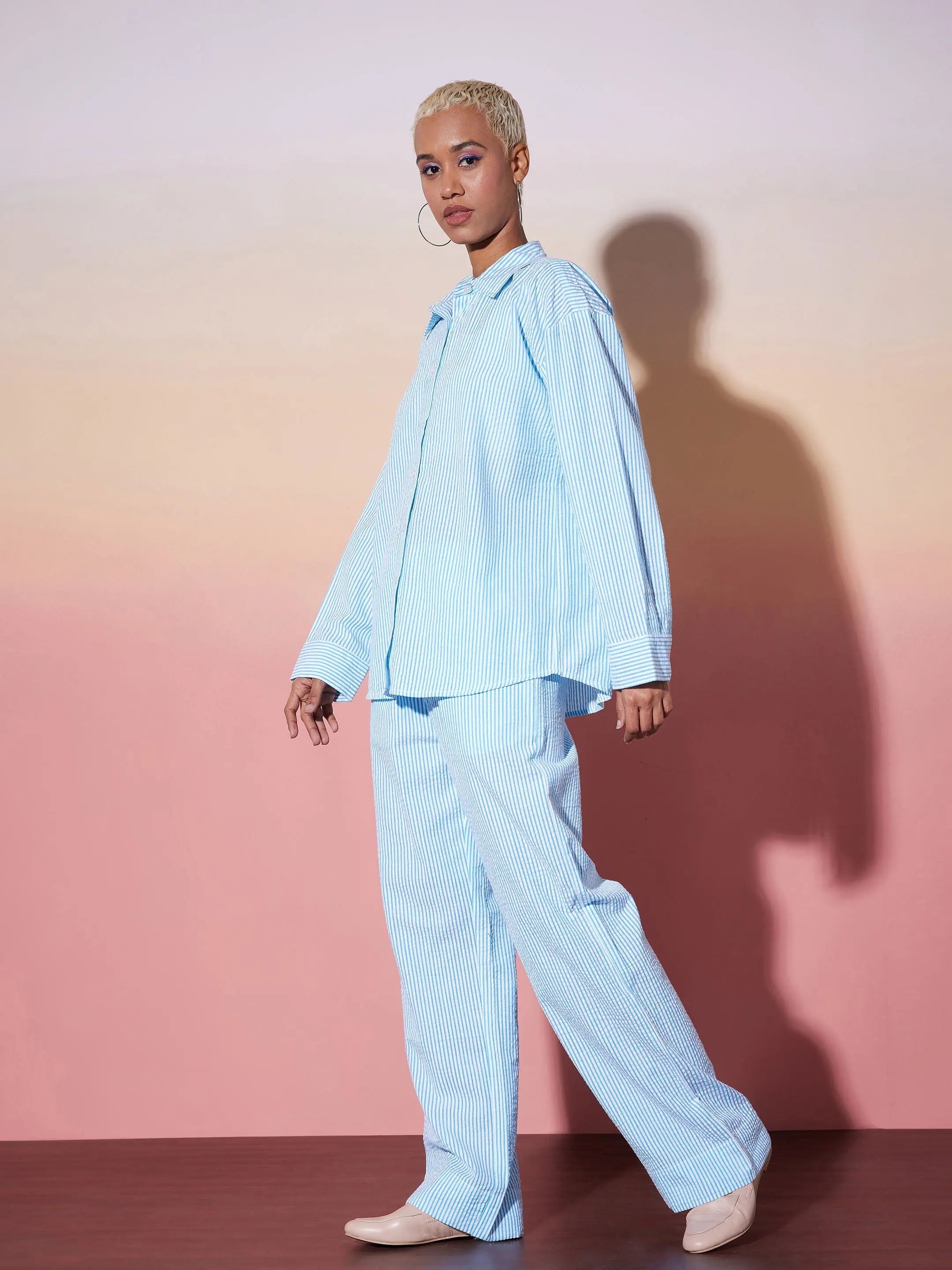 Women's White & Blue Striped Lounge Set | Seersucker Shirt