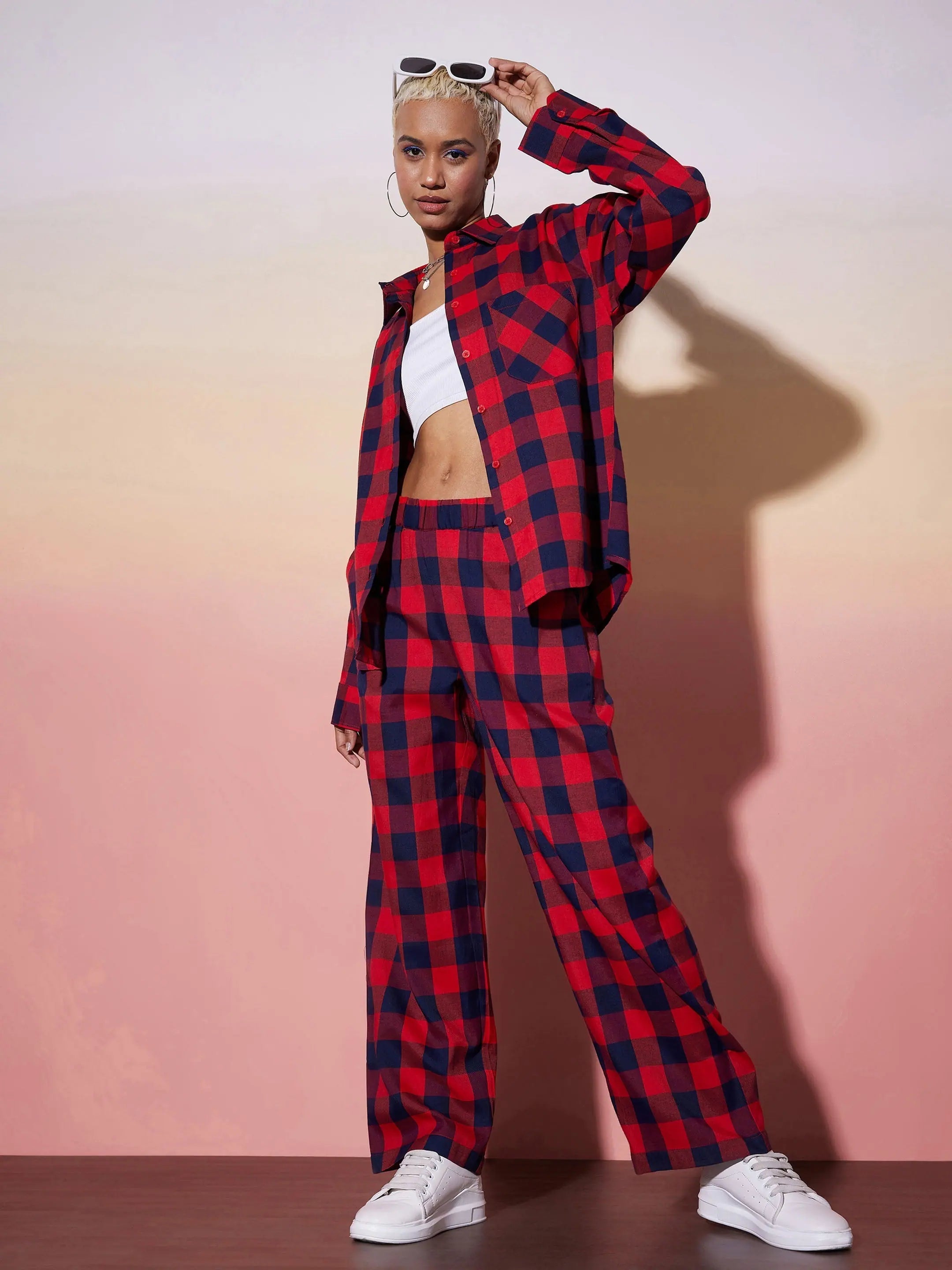 Red & Navy Check Cotton Lounge Set | Women's Comfort Fit