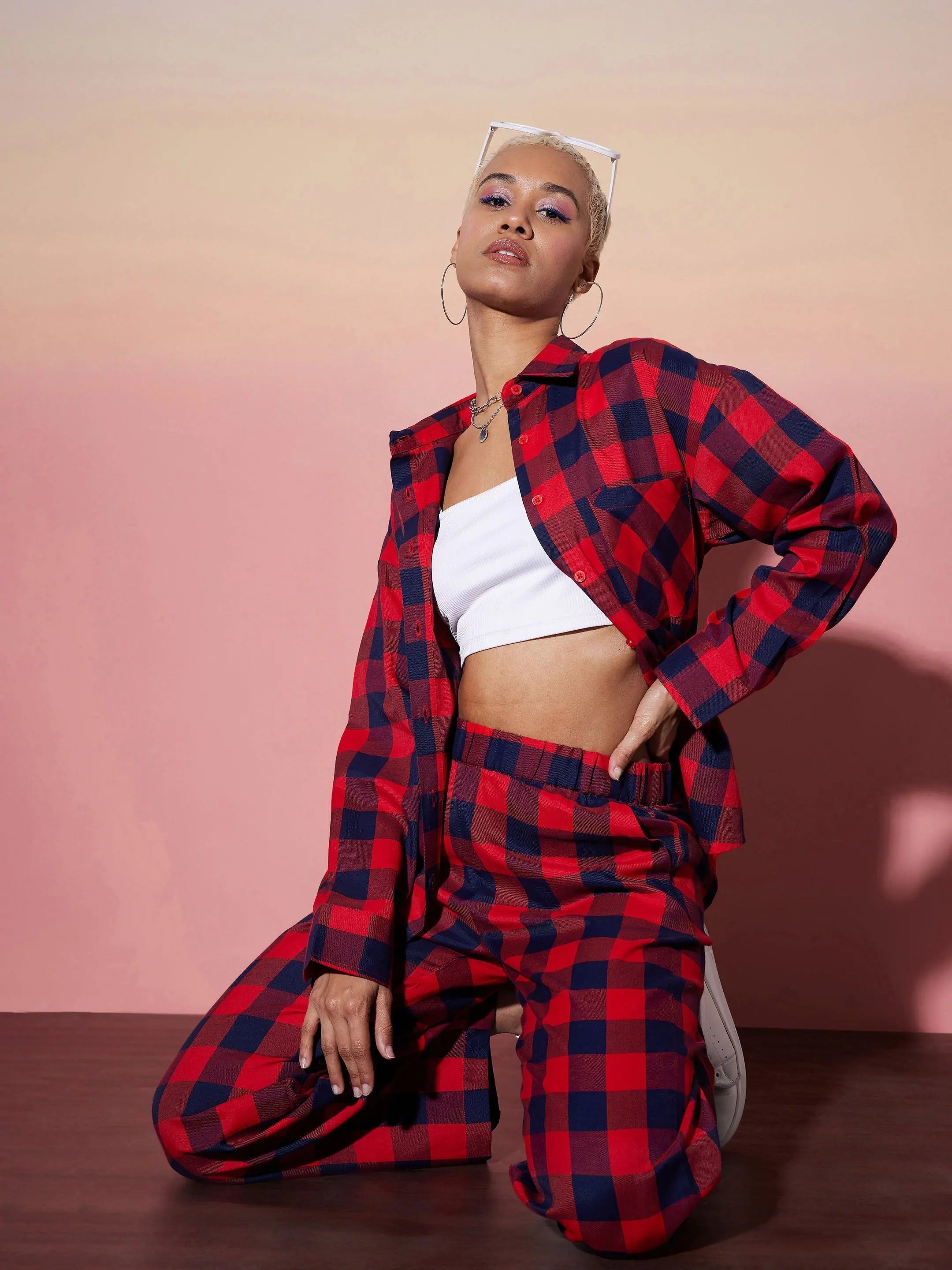 Red & Navy Check Cotton Lounge Set | Women's Comfort Fit