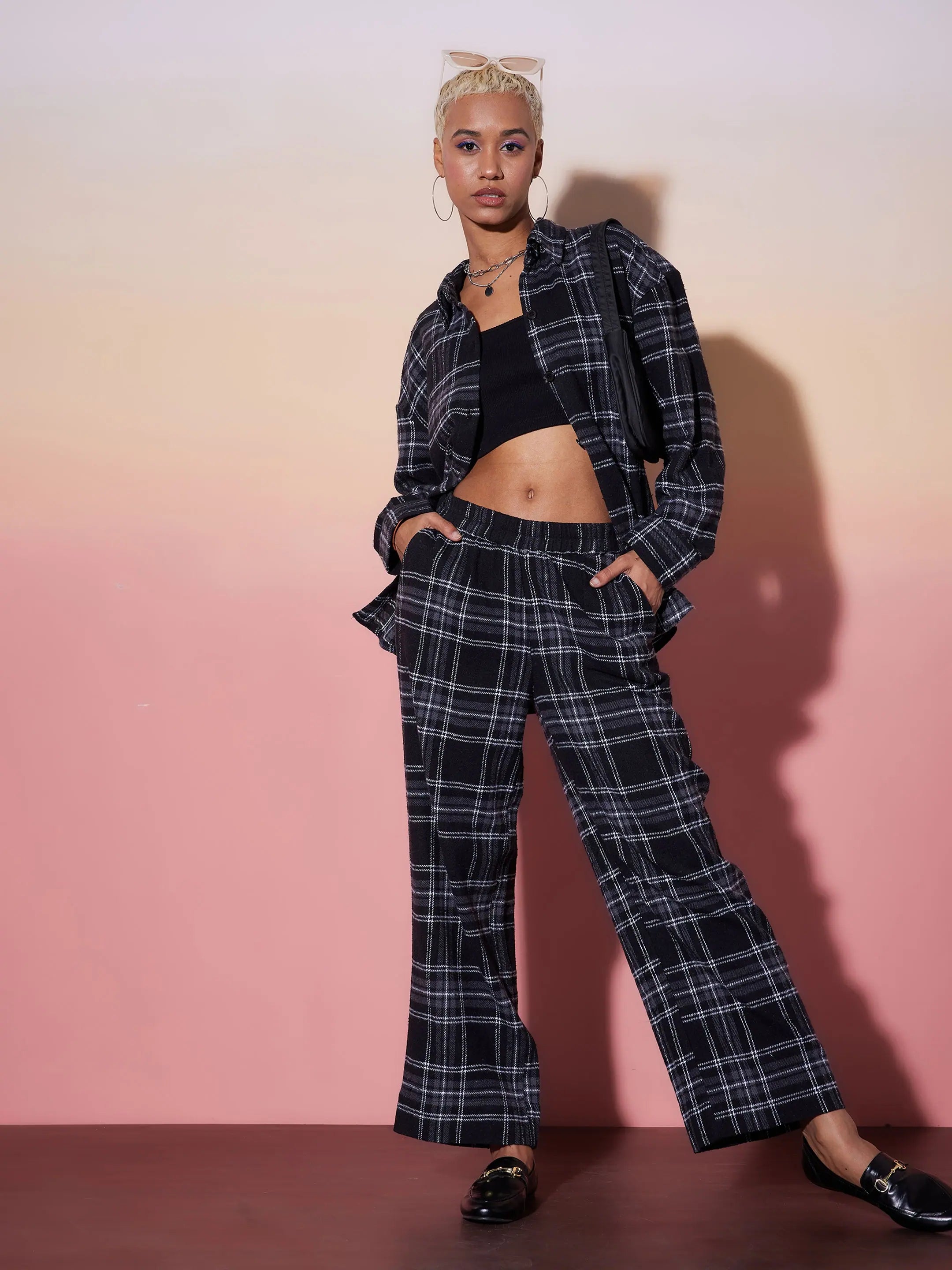 Black Check Shirt & Lounge Pants | Women's Designer Lehenga