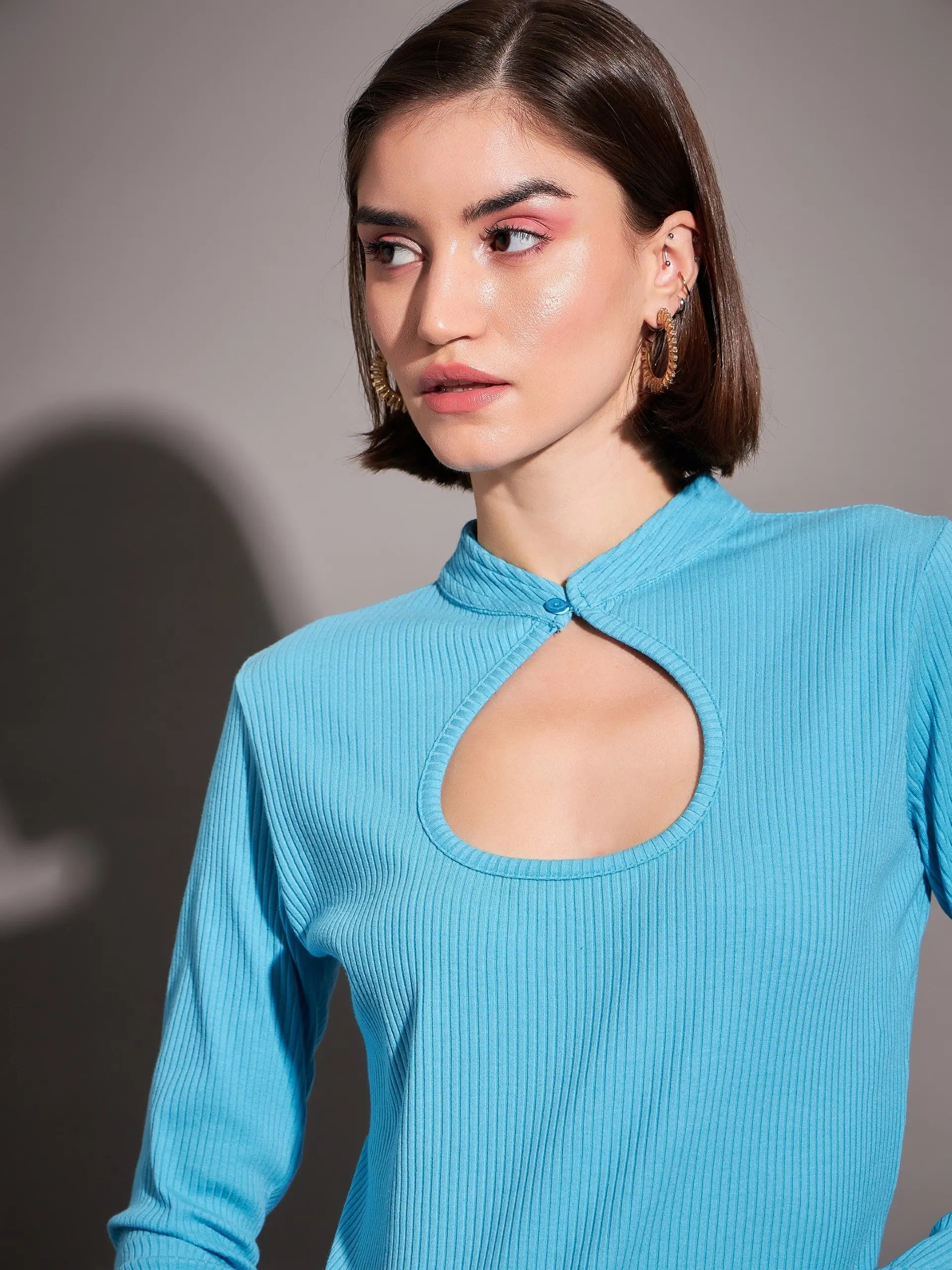 Turquoise Rib Cut Out Top - Women's Tops & Blouses Collection