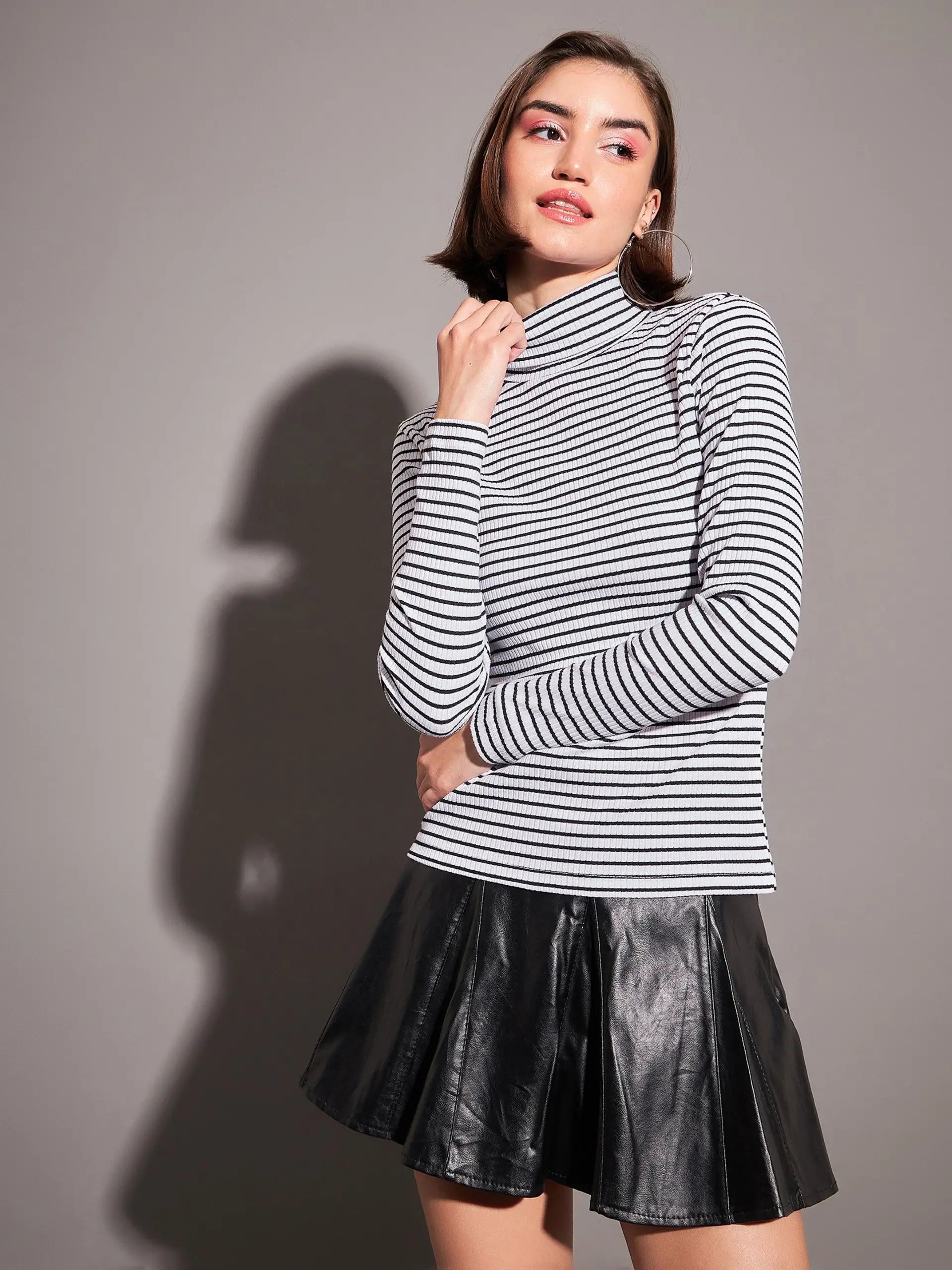 Striped Rib High Neck Top - Women's Shirts and Blouses