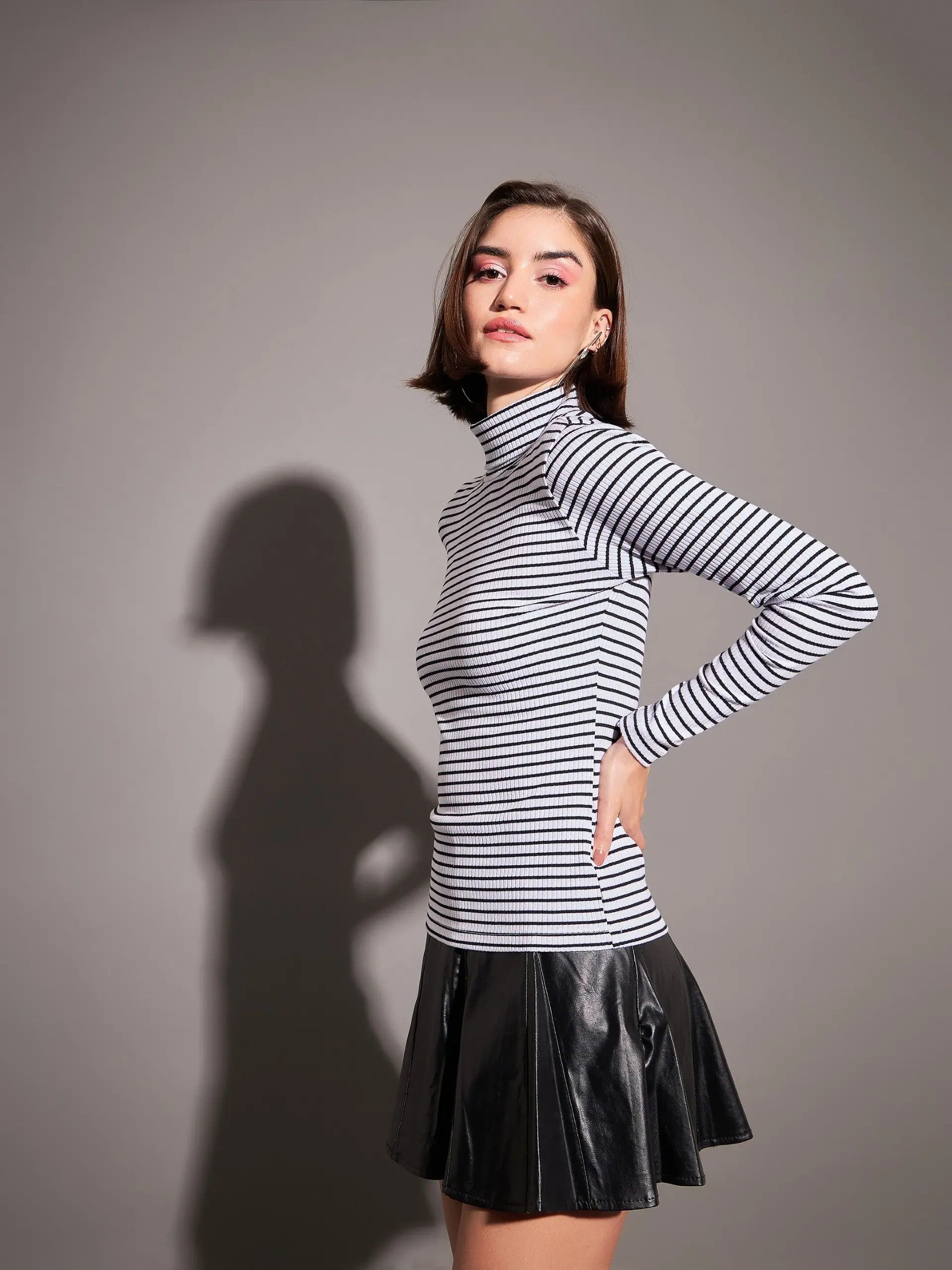 Striped Rib High Neck Top - Women's Shirts and Blouses