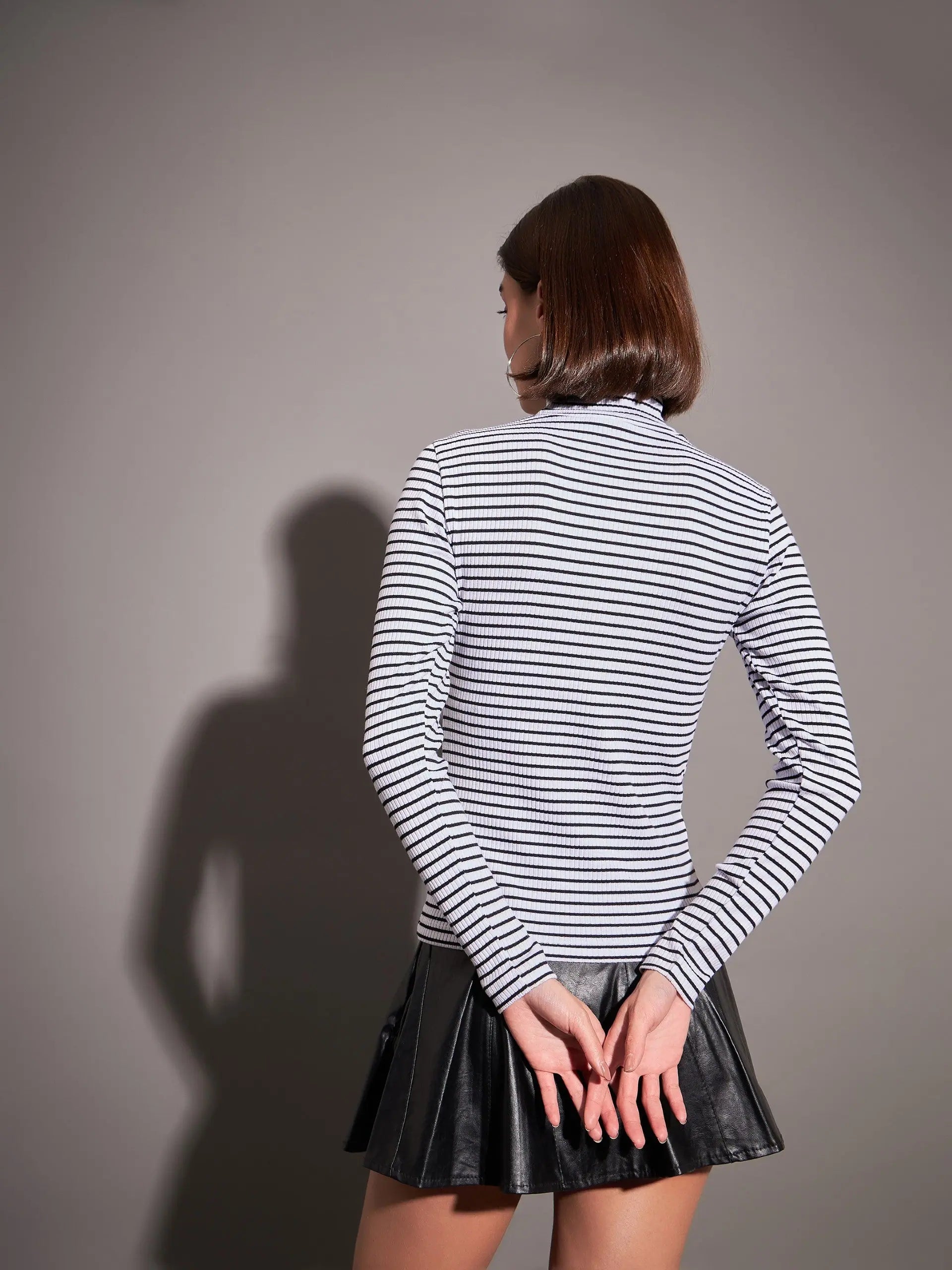 Striped Rib High Neck Top - Women's Shirts and Blouses