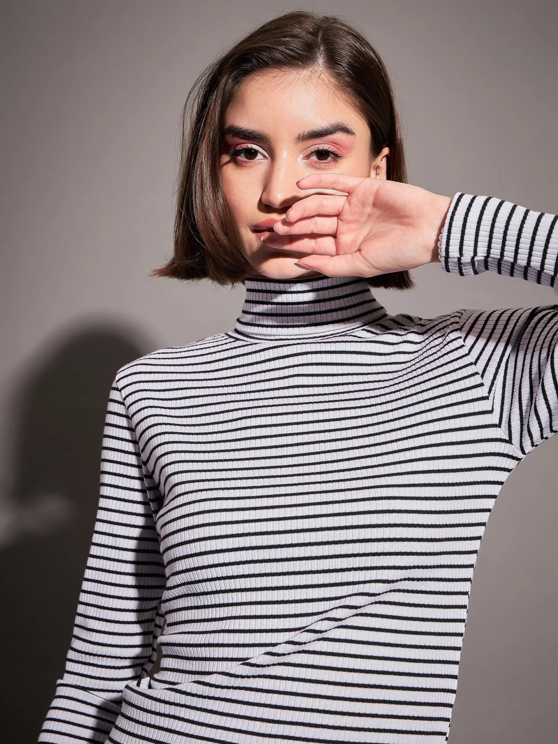 Striped Rib High Neck Top - Women's Shirts and Blouses