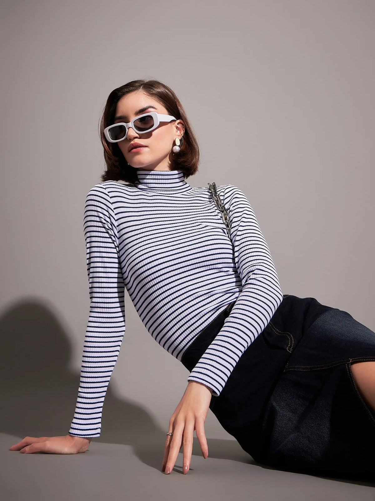 Women Navy & White Striped Rib High Neckib Top