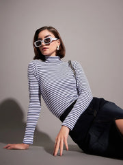 Women Navy & White Striped Rib High Neckib Top
