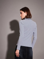 Women Navy & White Striped Rib High Neckib Top