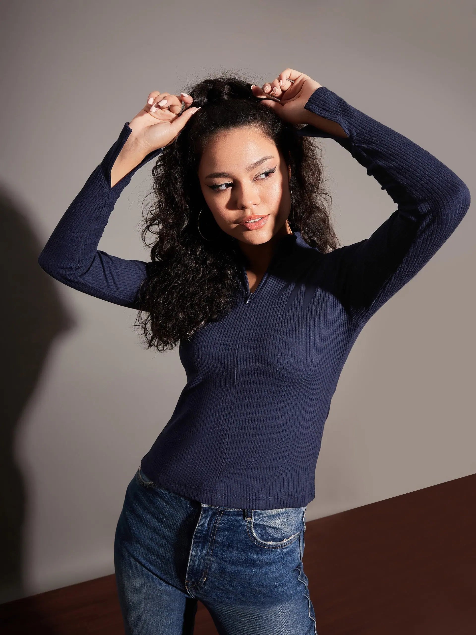Navy Rib Zipper Top | Stylish Western Outfits for Women