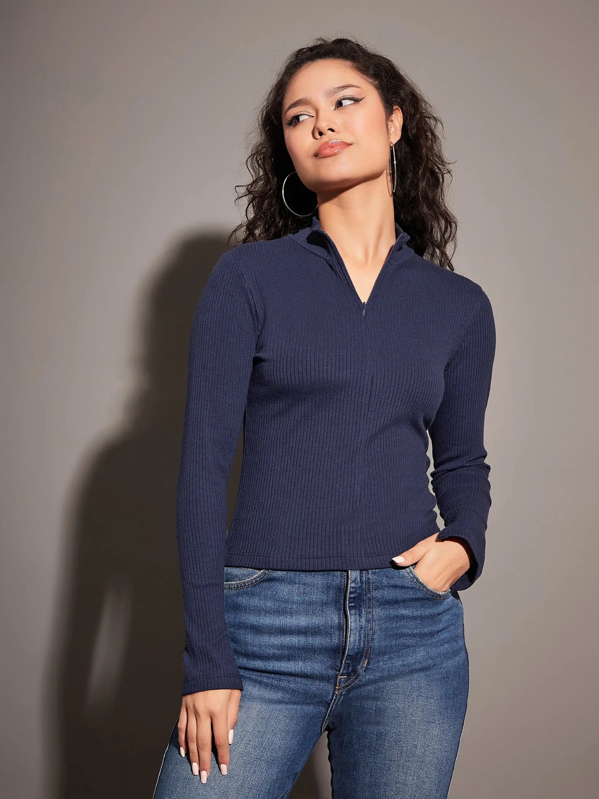 Navy Rib Zipper Top | Stylish Western Outfits for Women