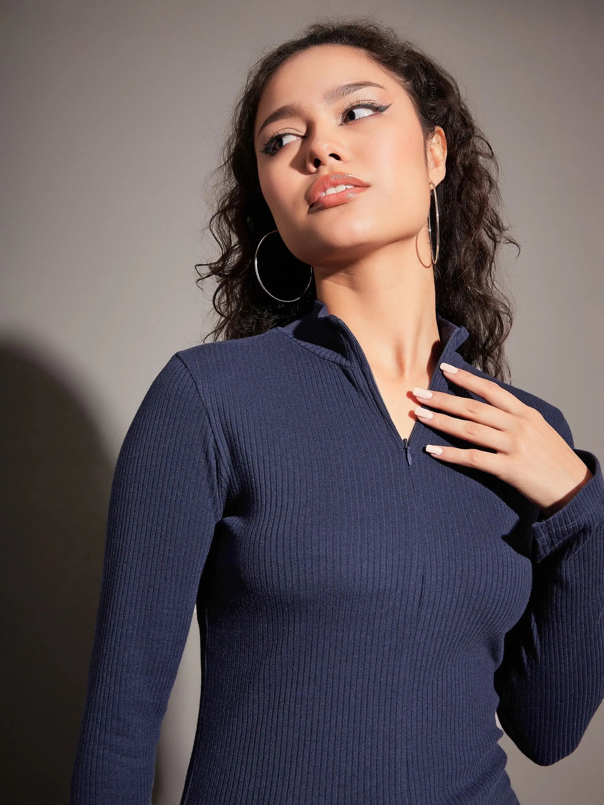 Navy Rib Zipper Top | Stylish Western Outfits for Women