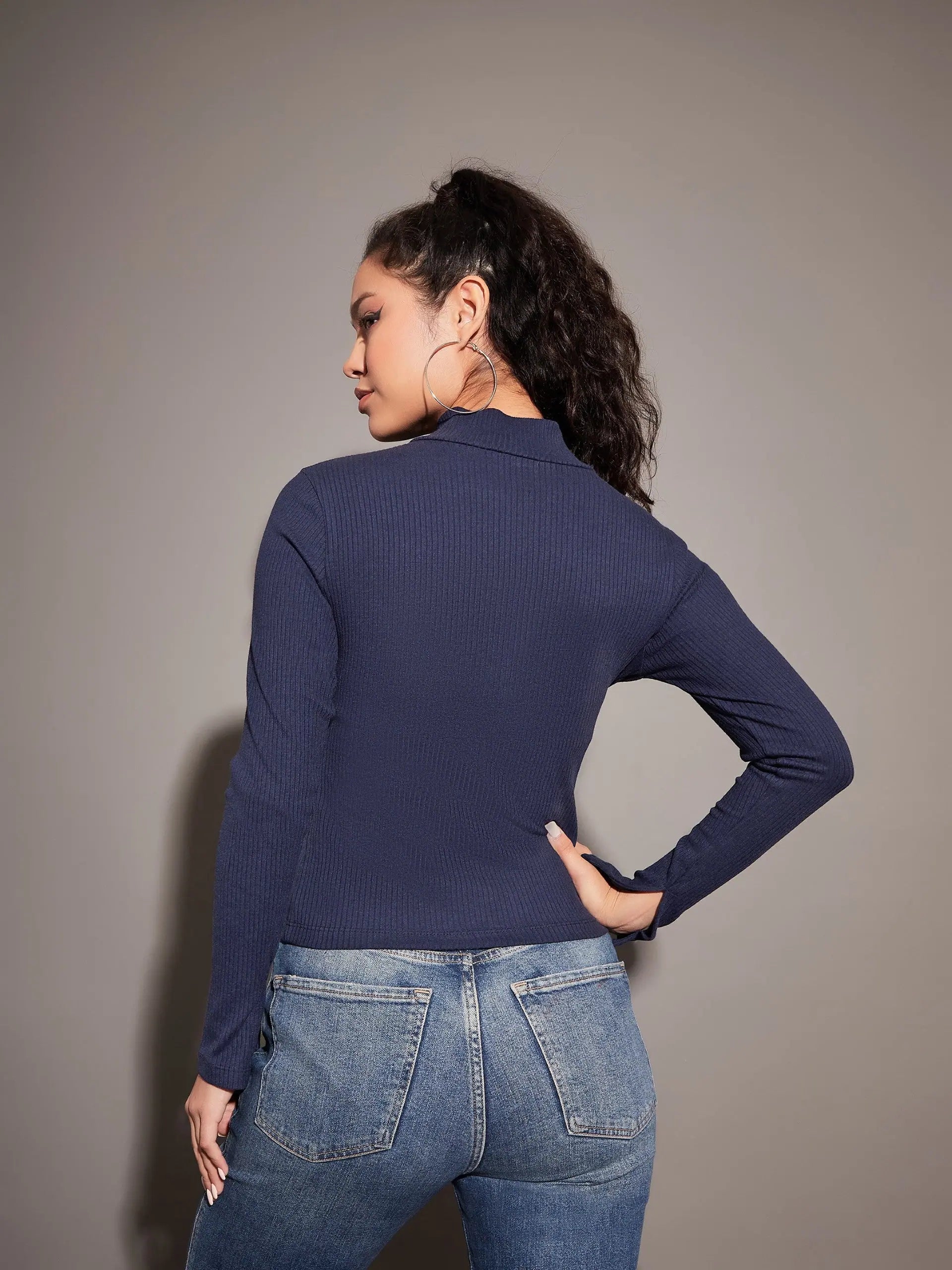 Navy Rib Zipper Top | Stylish Western Outfits for Women