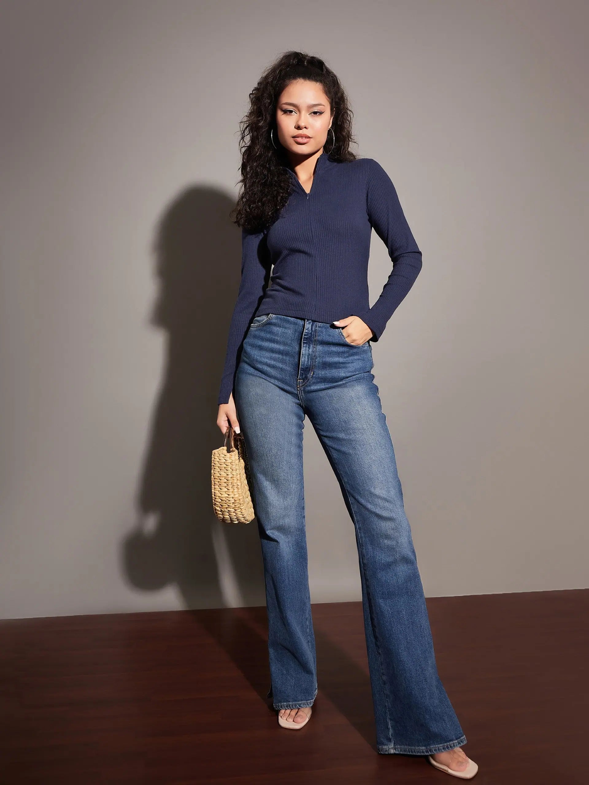 Navy Rib Zipper Top | Stylish Western Outfits for Women