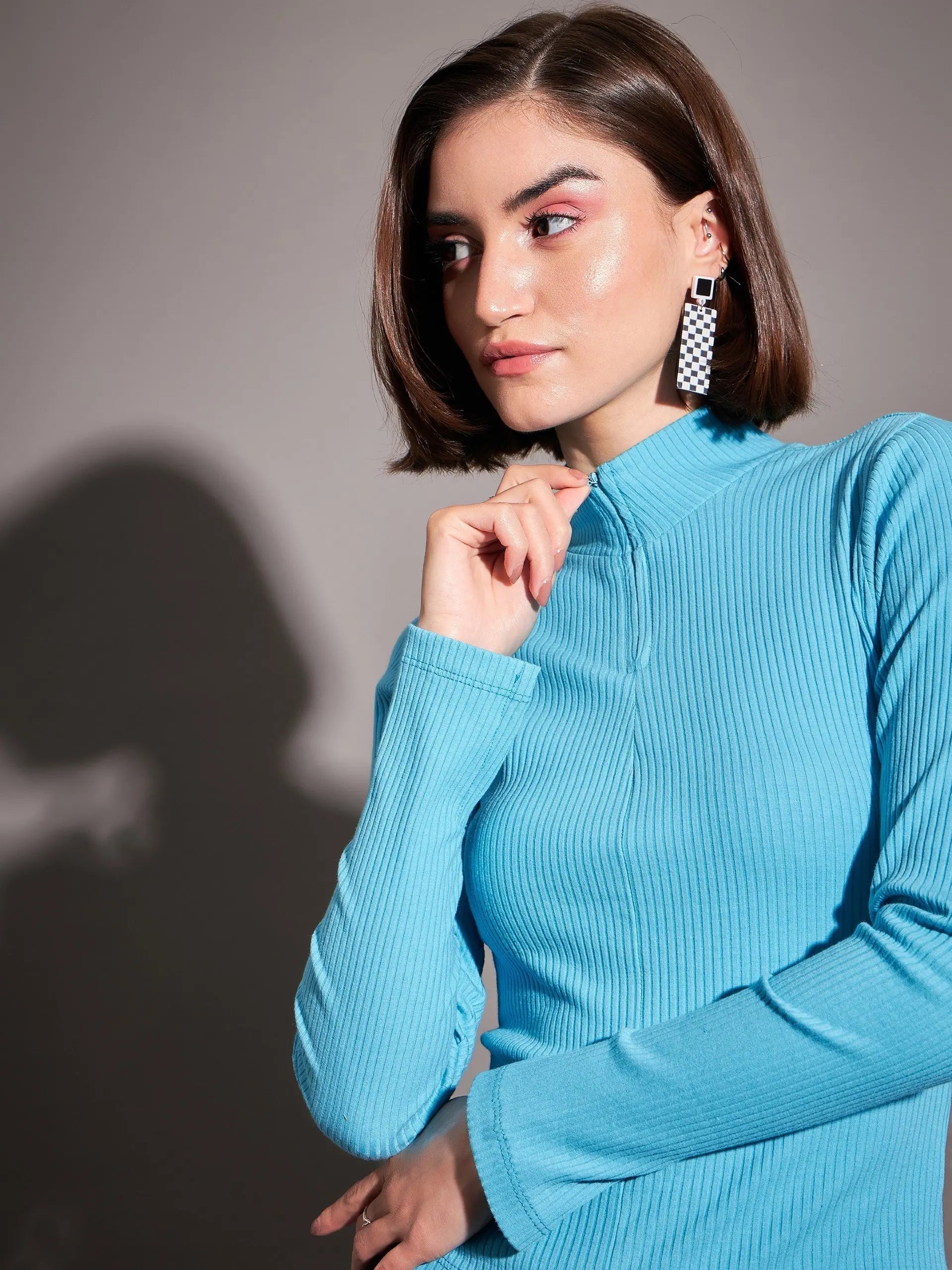 Turquoise Rib Zipper Top | Women's Western Outfits Online