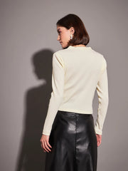Women Off-White Rib Front Open Cardigan Top