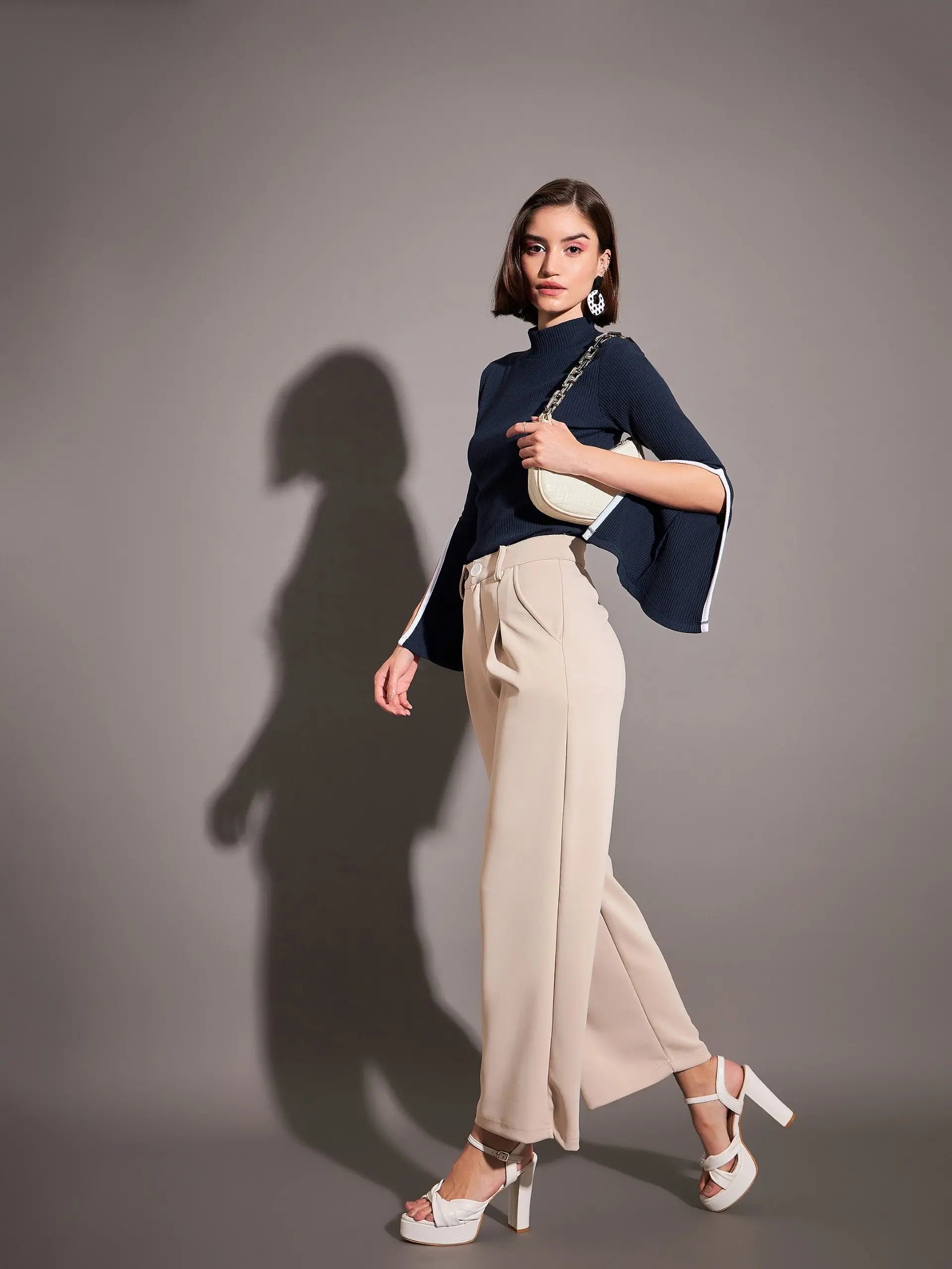 Navy Rib Bell Sleeve Top - Women's Western Wear Clothing