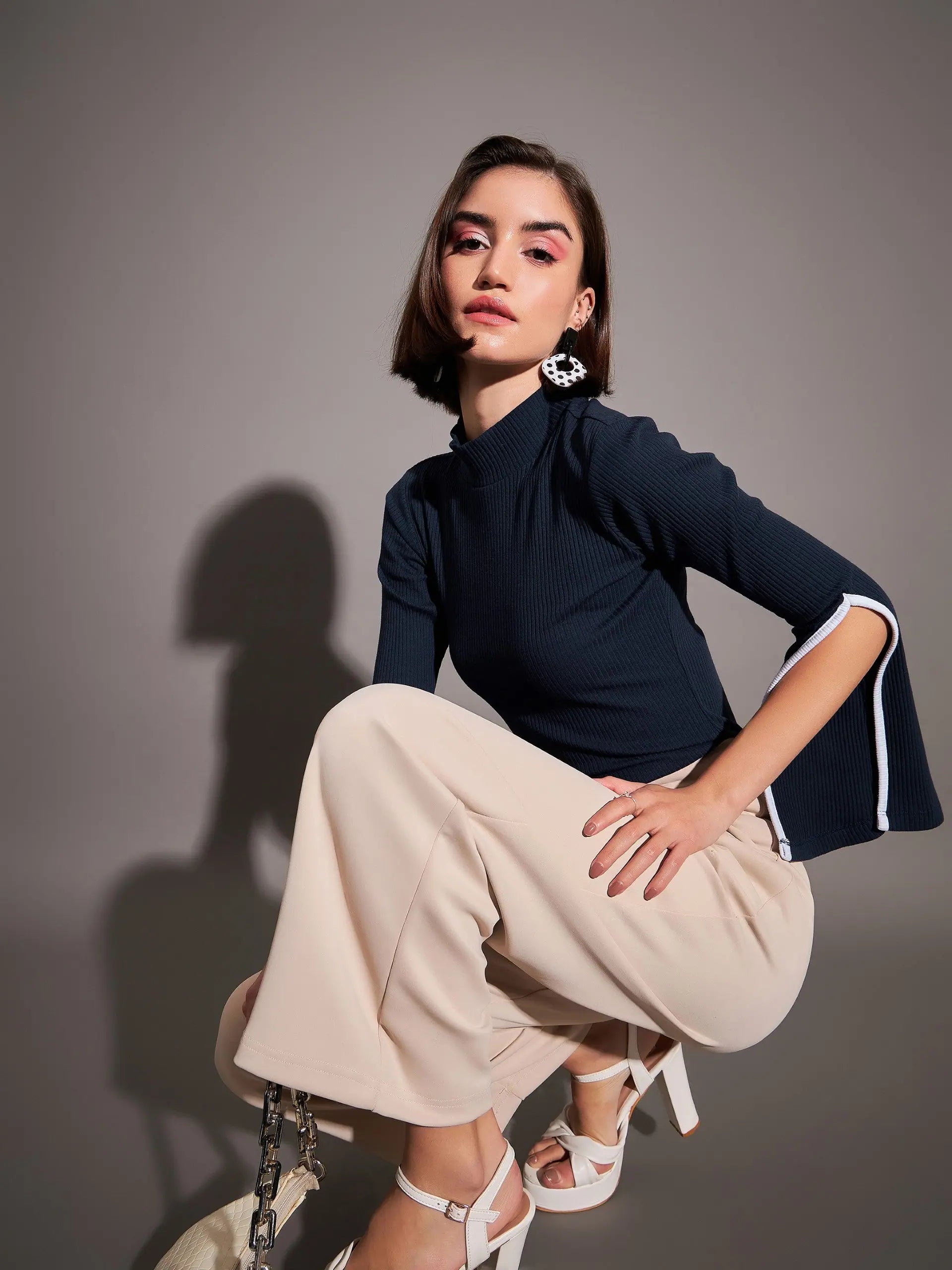 Navy Rib Bell Sleeve Top - Women's Western Wear Clothing