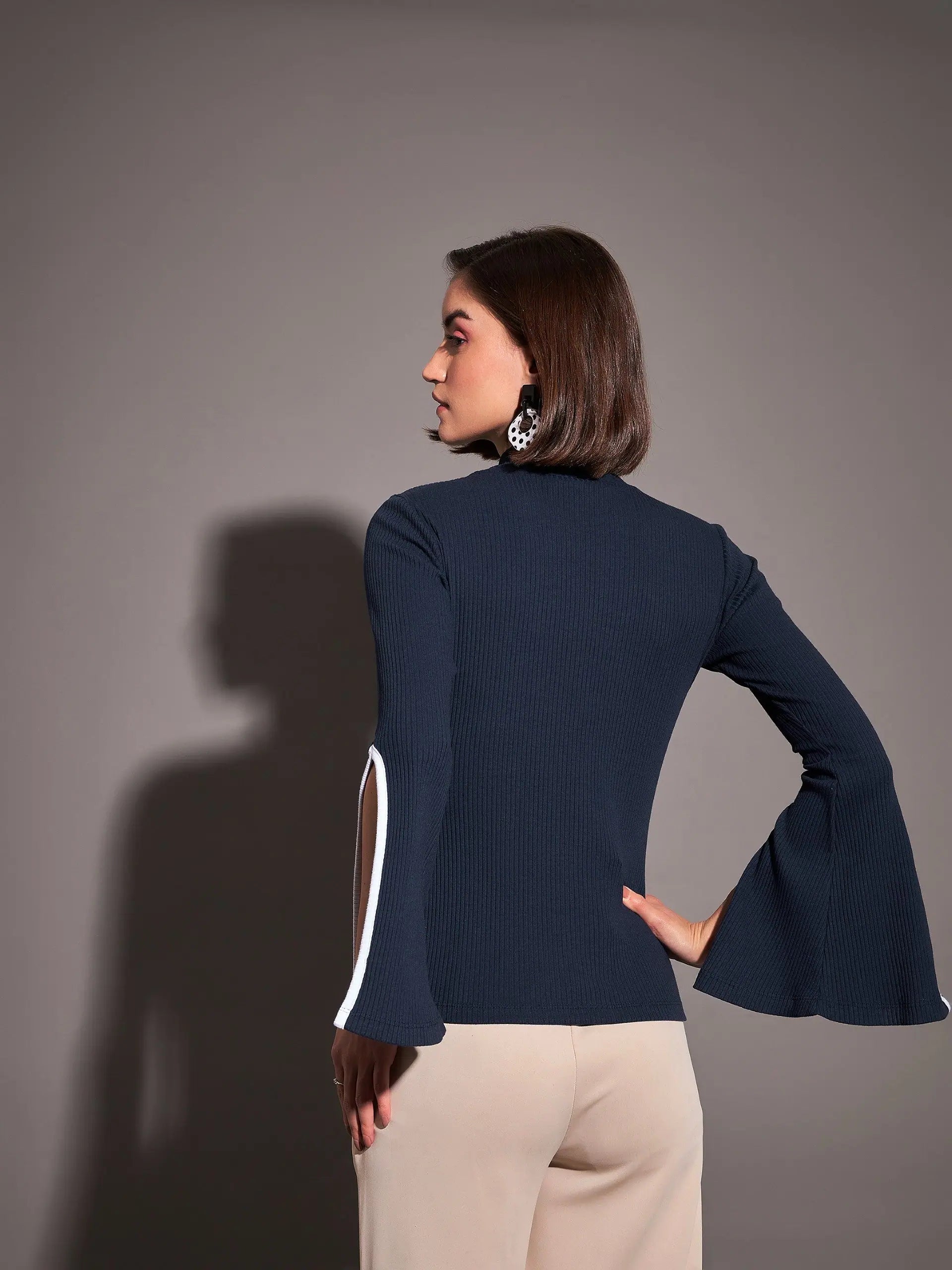Navy Rib Bell Sleeve Top - Women's Western Wear Clothing