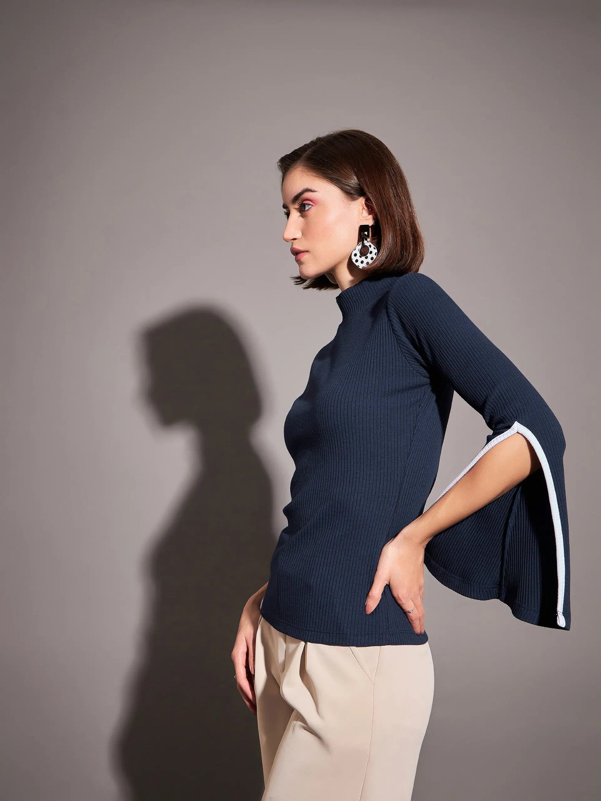 Navy Rib Bell Sleeve Top - Women's Western Wear Clothing