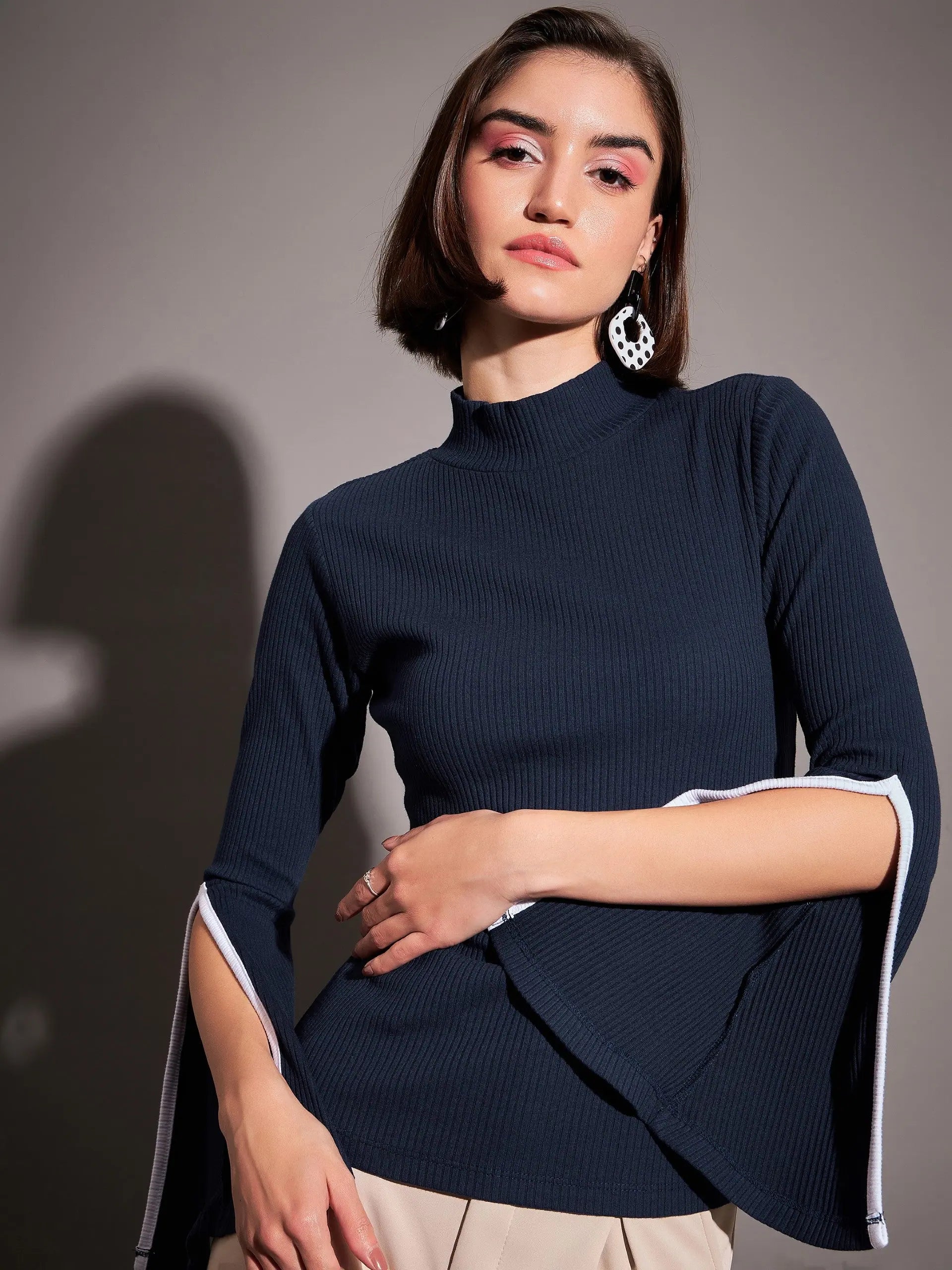 Navy Rib Bell Sleeve Top - Women's Western Wear Clothing