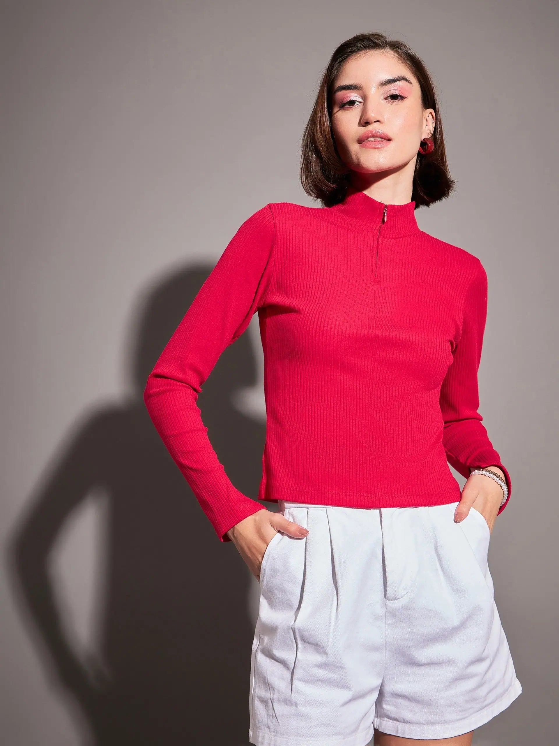 Pink Rib High Neck Zipper Top - Women's Clothing