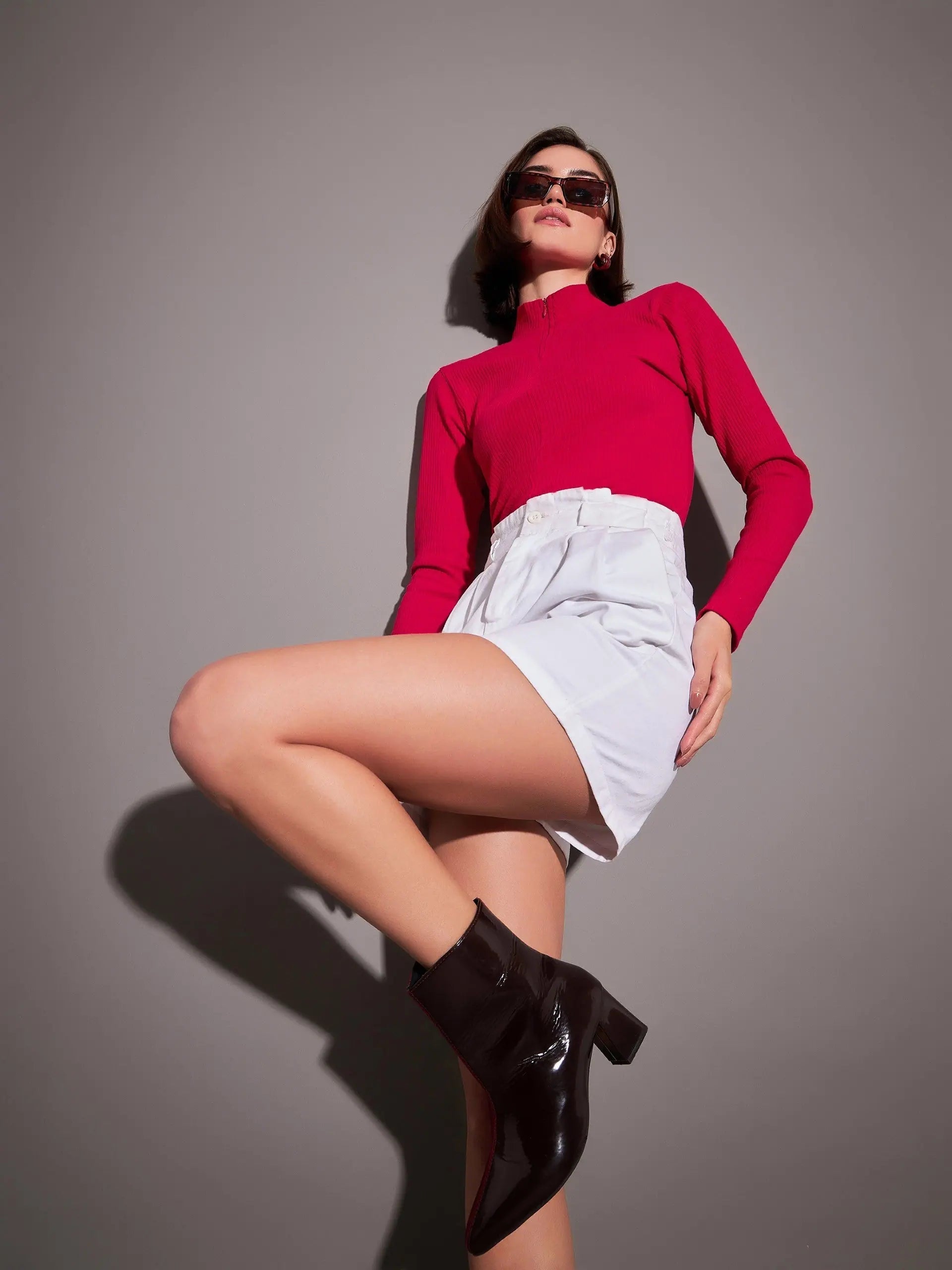 Pink Rib High Neck Zipper Top - Women's Clothing