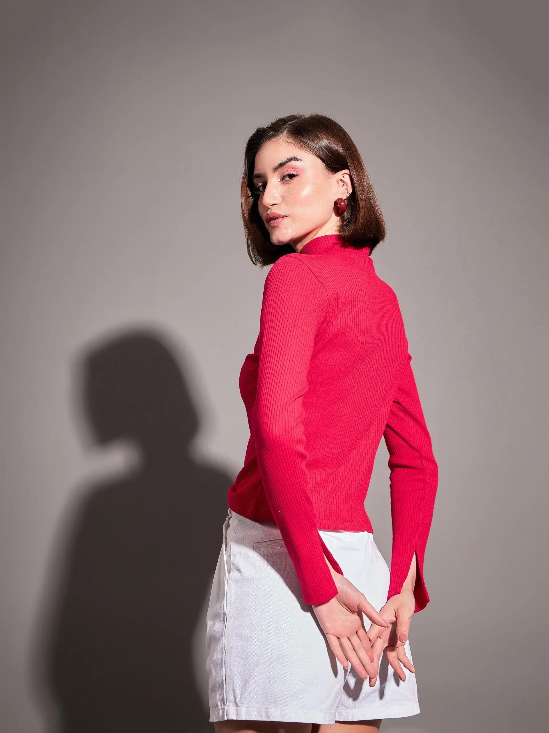 Pink Rib High Neck Zipper Top - Women's Clothing