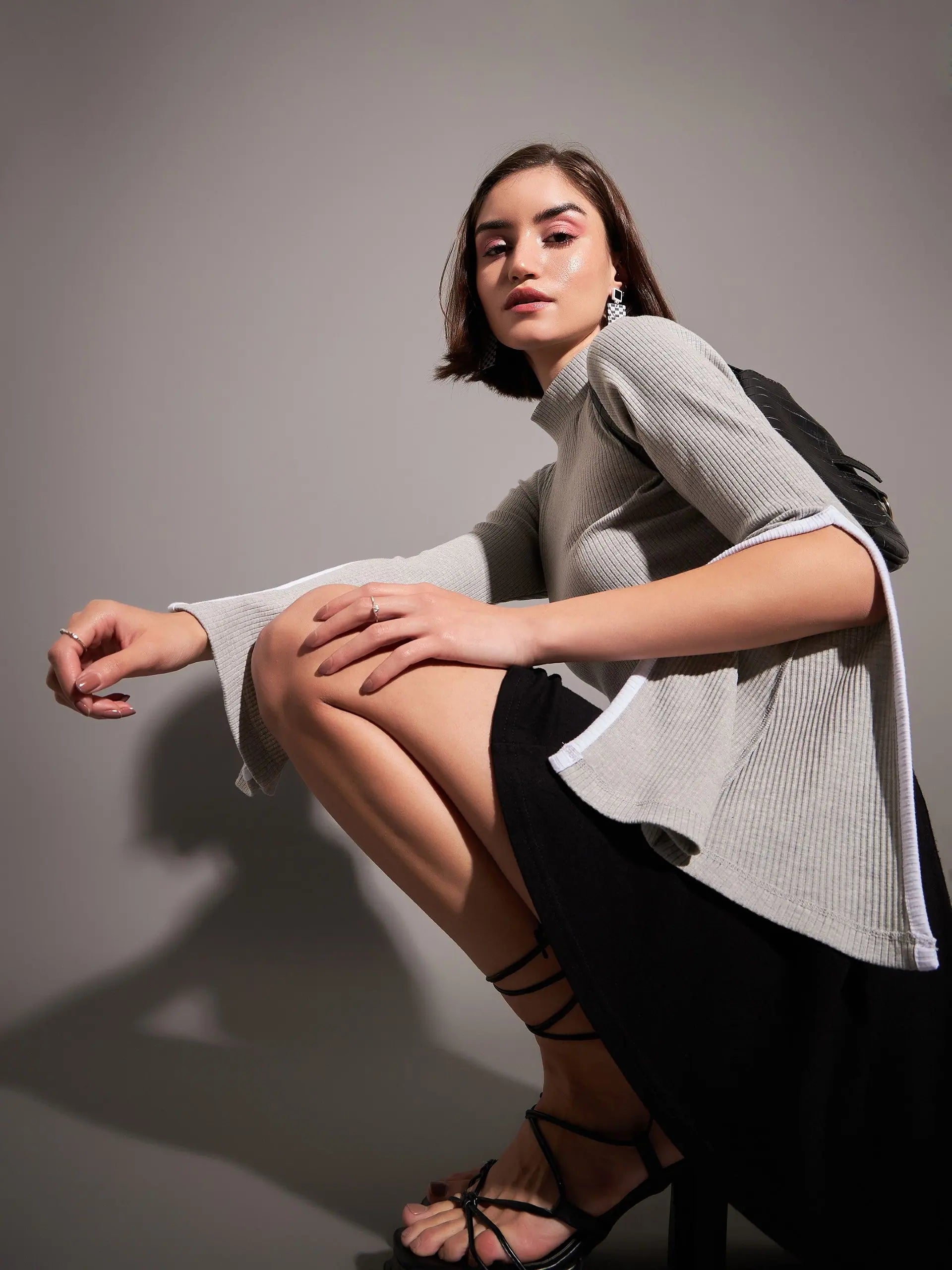 Grey Rib High Neck Bell Sleeve Top - Western Wear