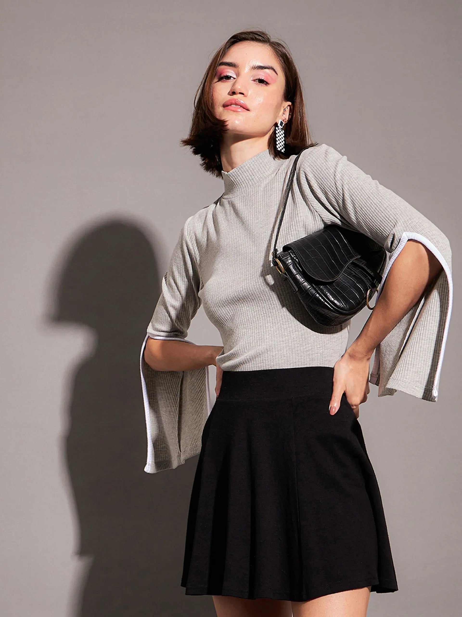 Grey Rib High Neck Bell Sleeve Top - Western Wear