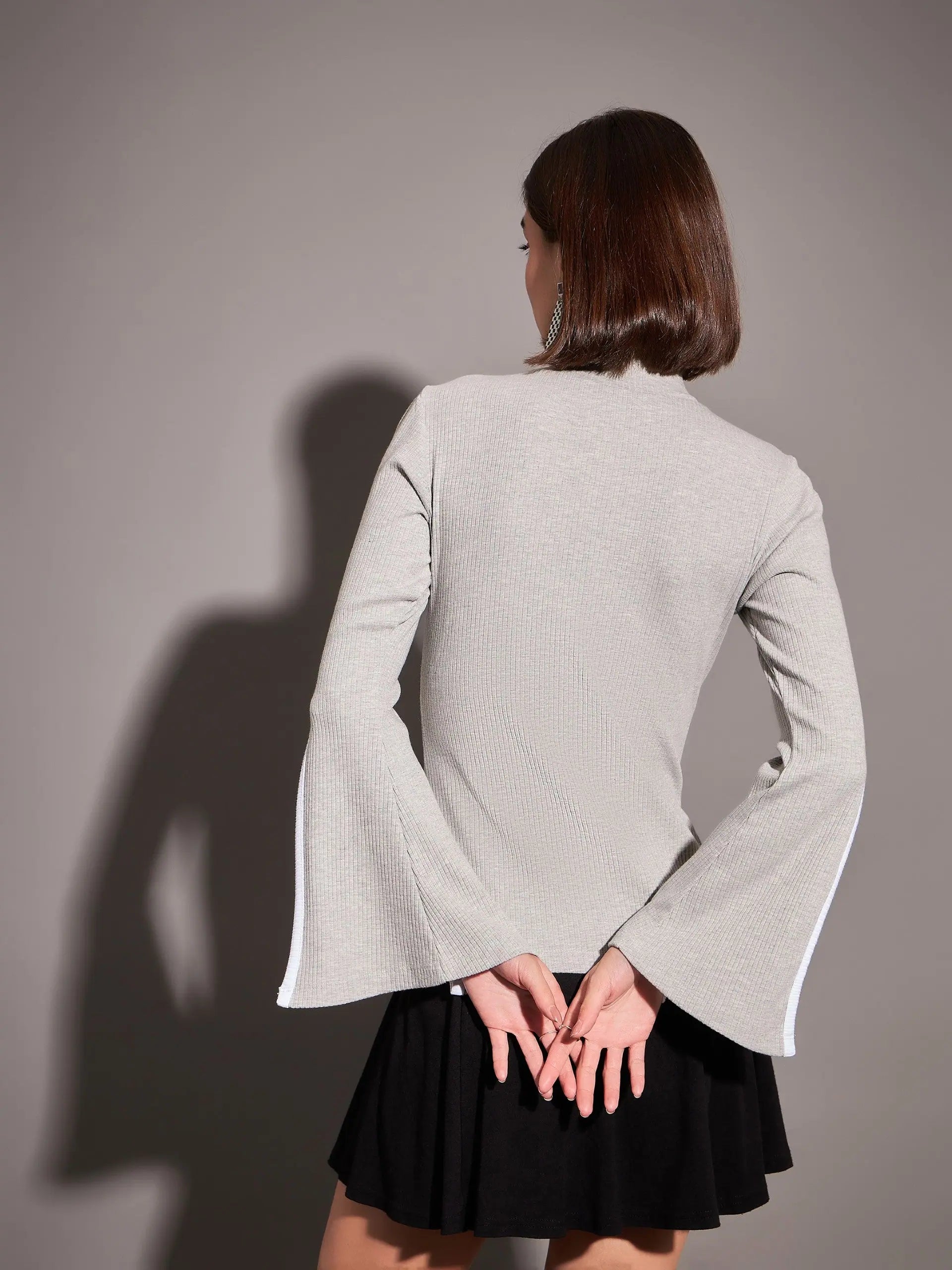 Grey Rib High Neck Bell Sleeve Top - Western Wear