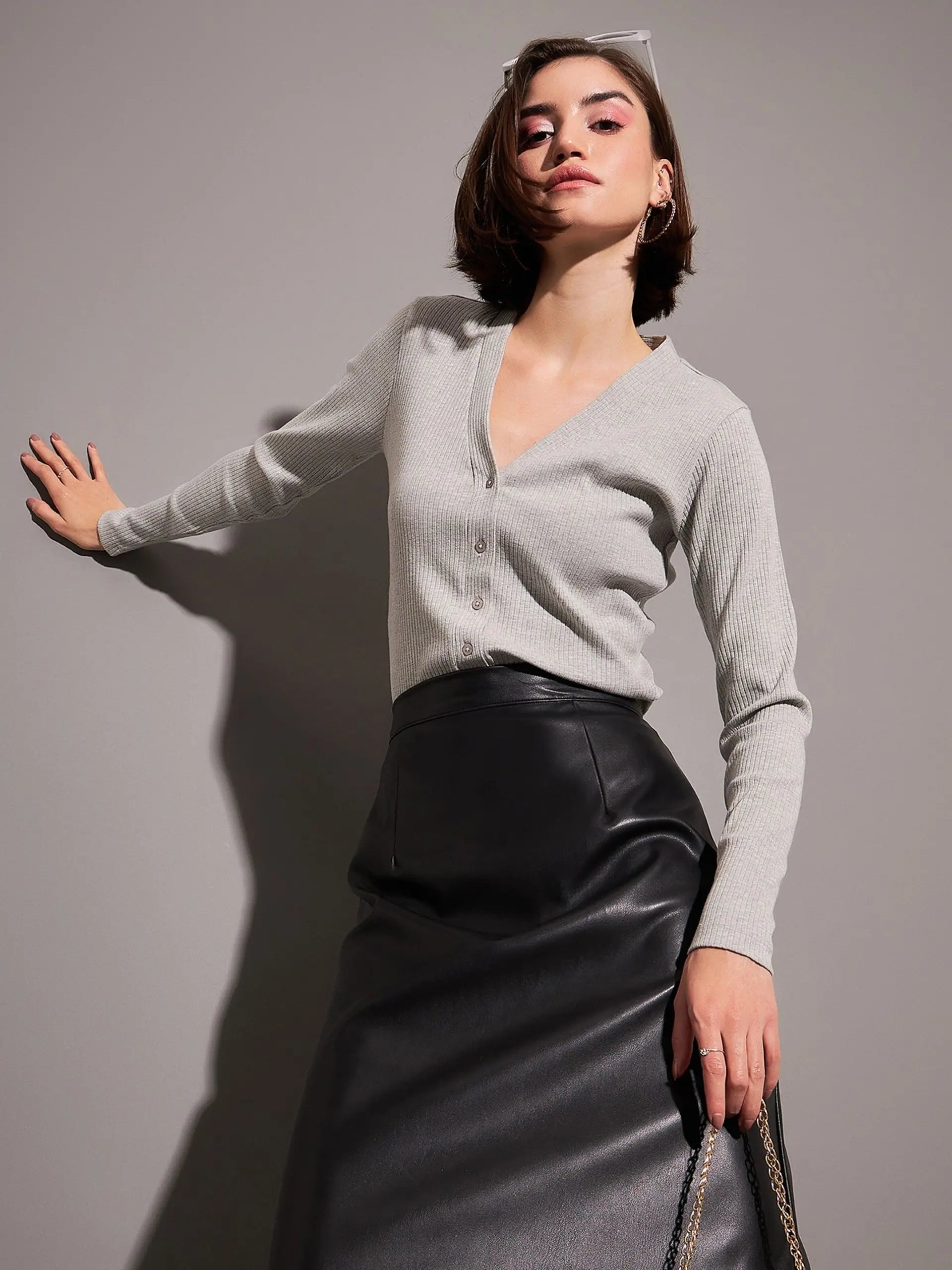 Grey Ribbed Cardigan Top - Women's Western Clothing