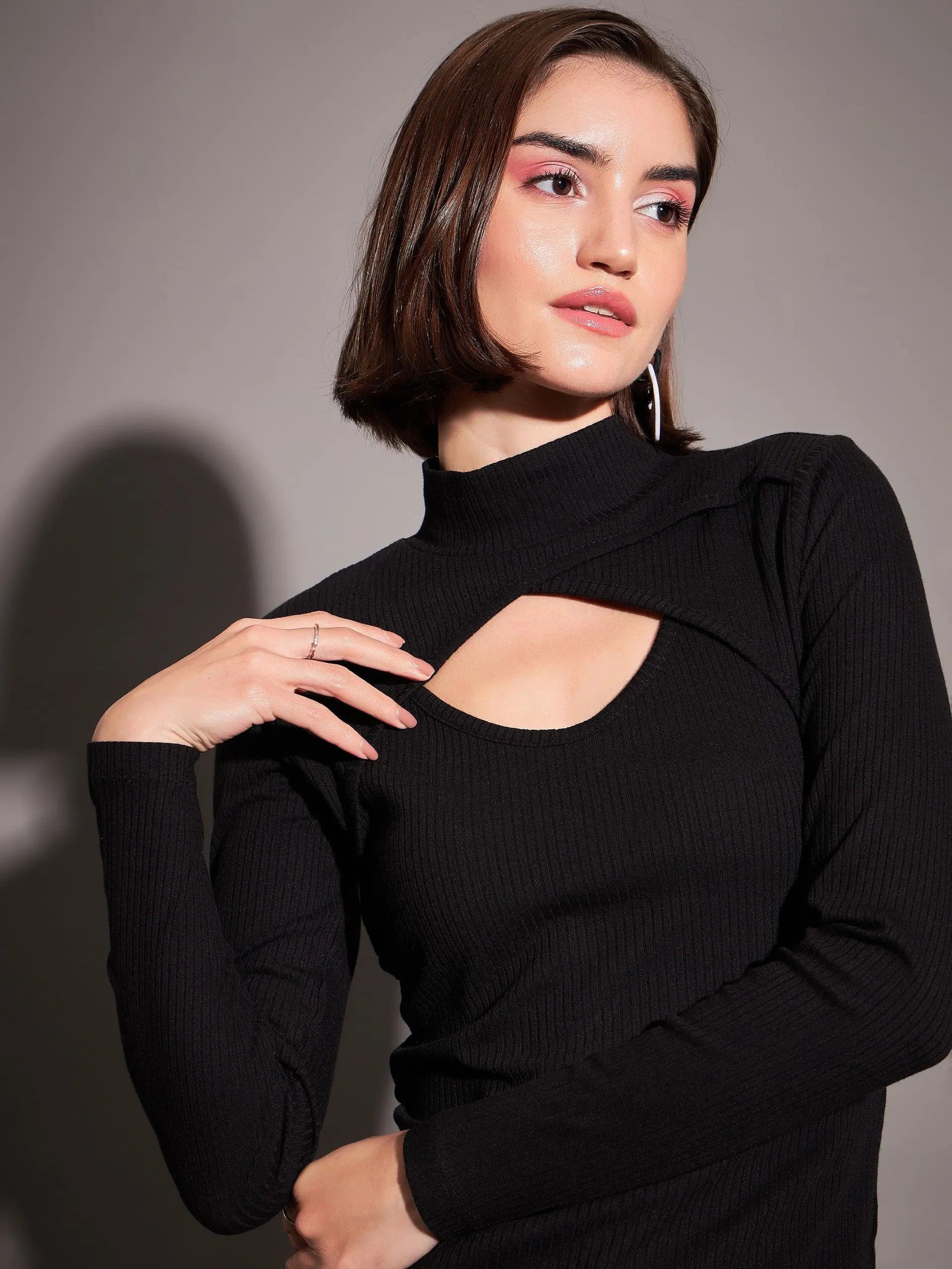Black Rib Moon Cut Top - Stylish Women's Shirts
