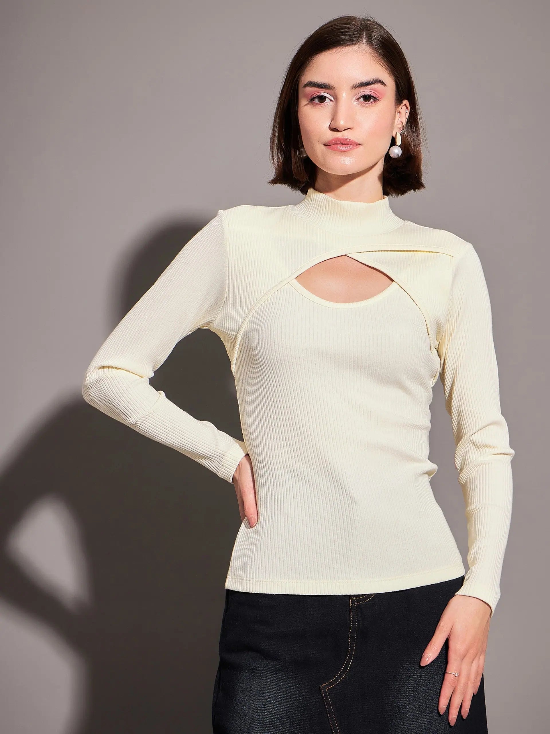 Off-White Rib Moon Cut Top - Women's Western Wear